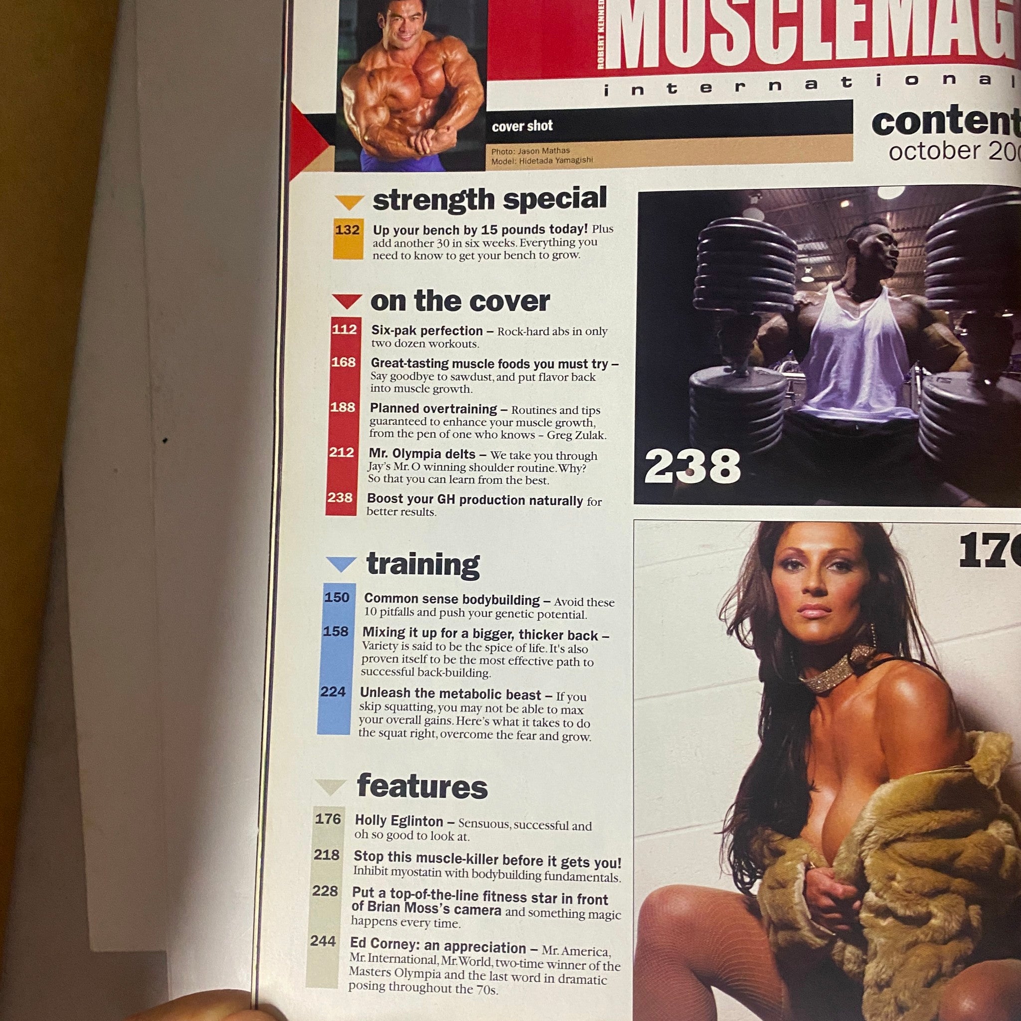 Inside page of MuscleMag International Magazine October 2007 displaying content overview and features, including training and bodybuilding articles.