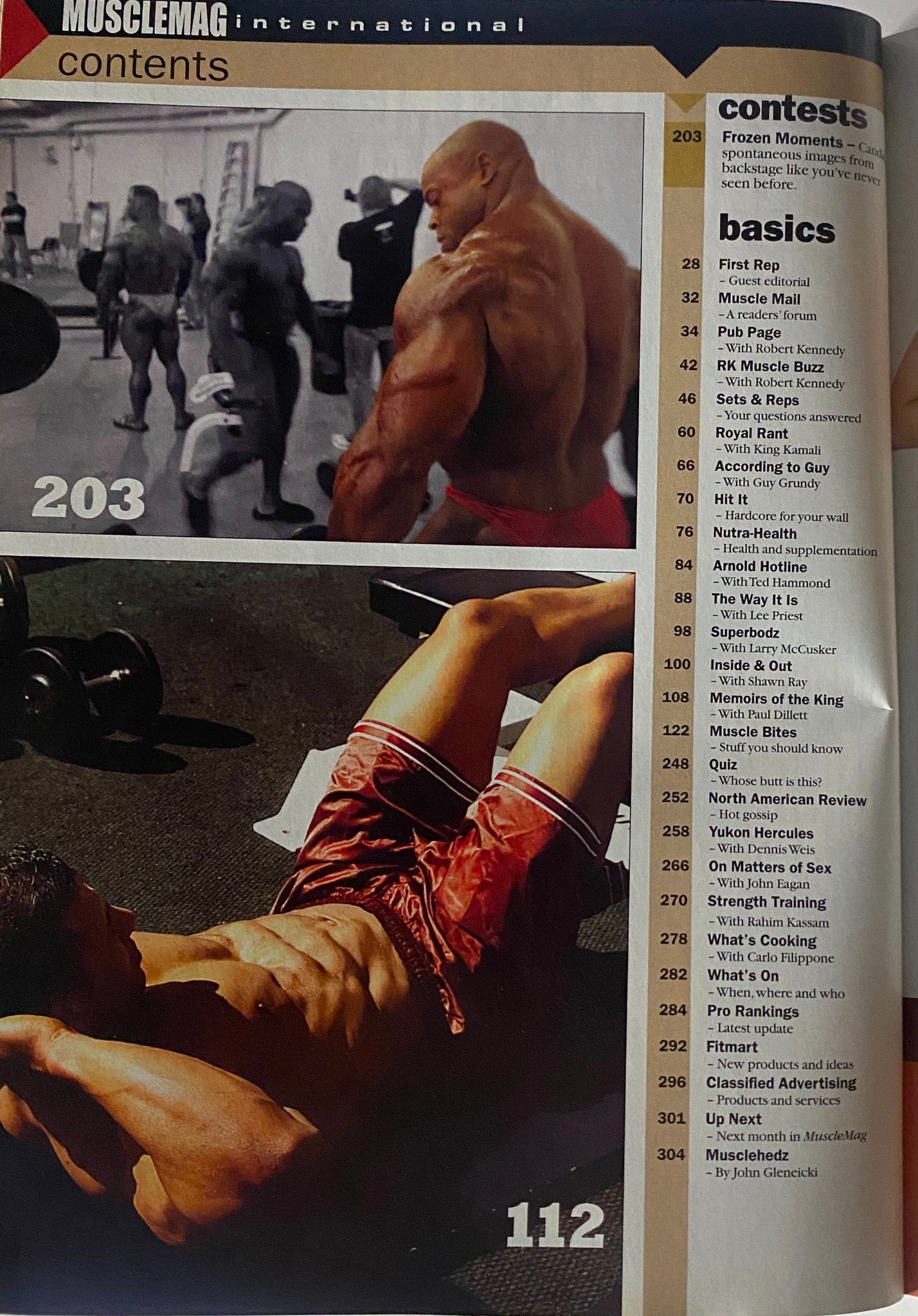 Contents page of MuscleMag International Magazine October 2007 highlighting various sections including training advice, contests, and popular columns.