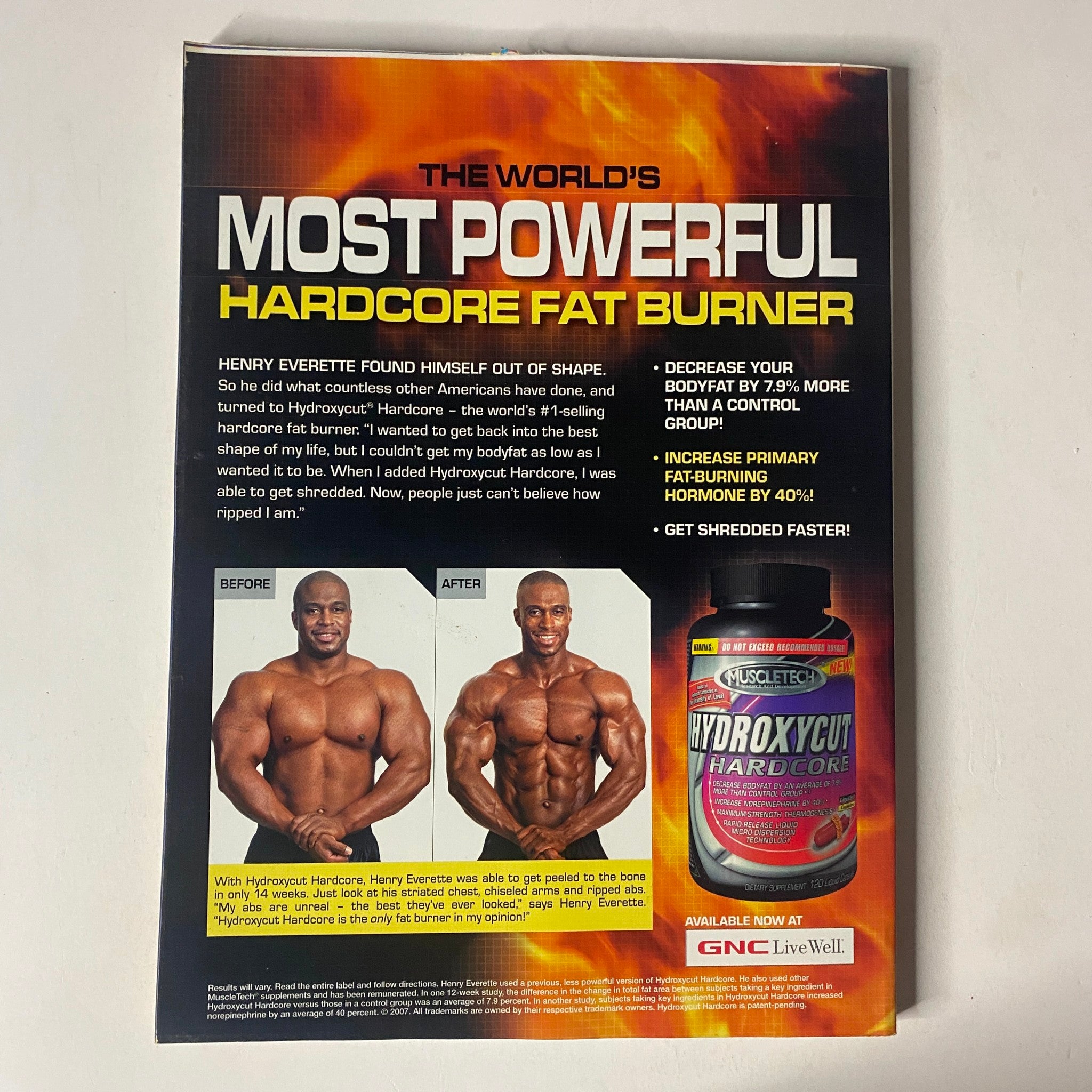 Back cover of MuscleMag International Magazine October 2007 advertising Hydroxycut as a powerful fat burner, promoting weight loss and fitness.