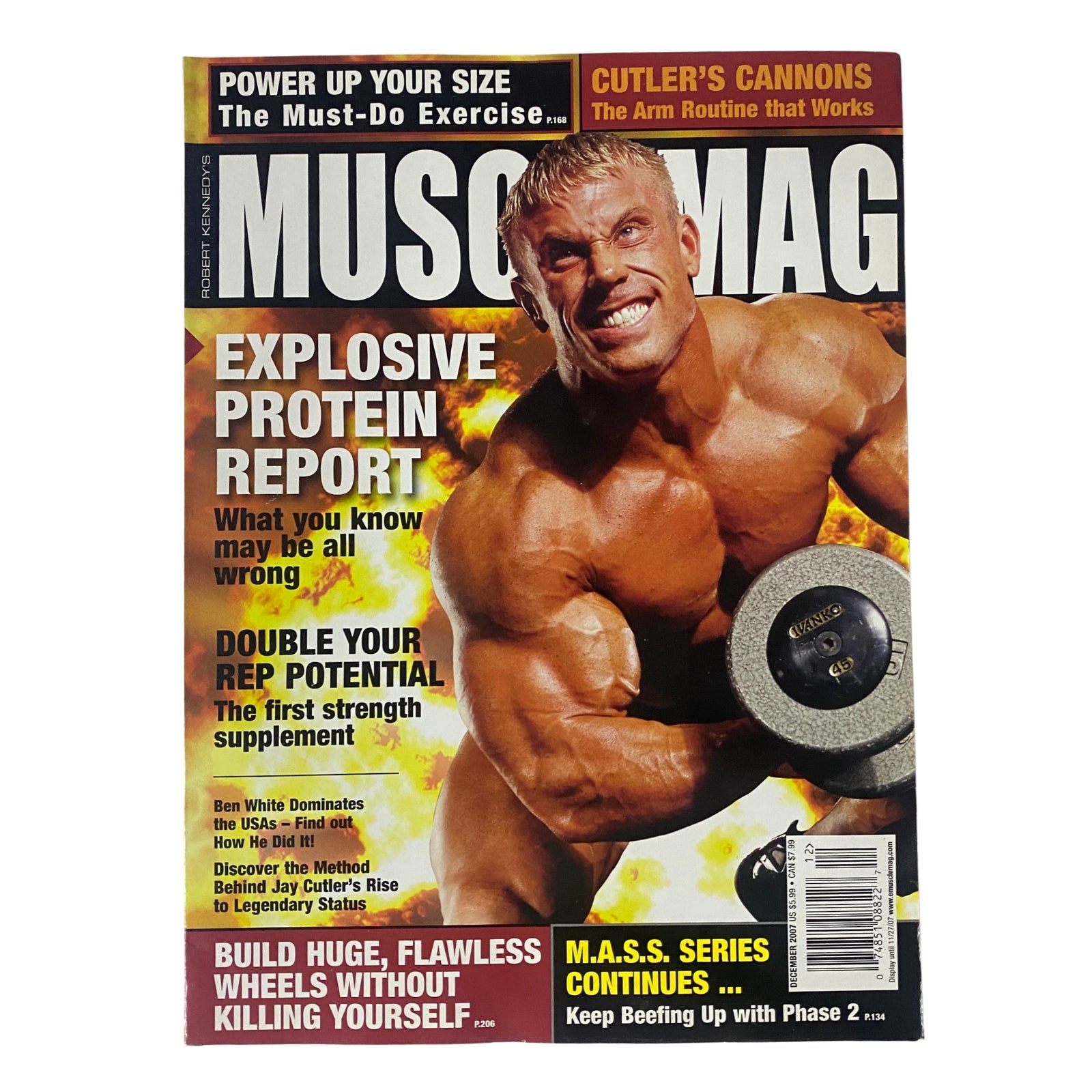Cover of MuscleMag International Magazine December 2007 No. 307 featuring Greg Jones, showcasing explosive protein report and bodybuilding tips, ideal for fitness enthusiasts and collectors.
