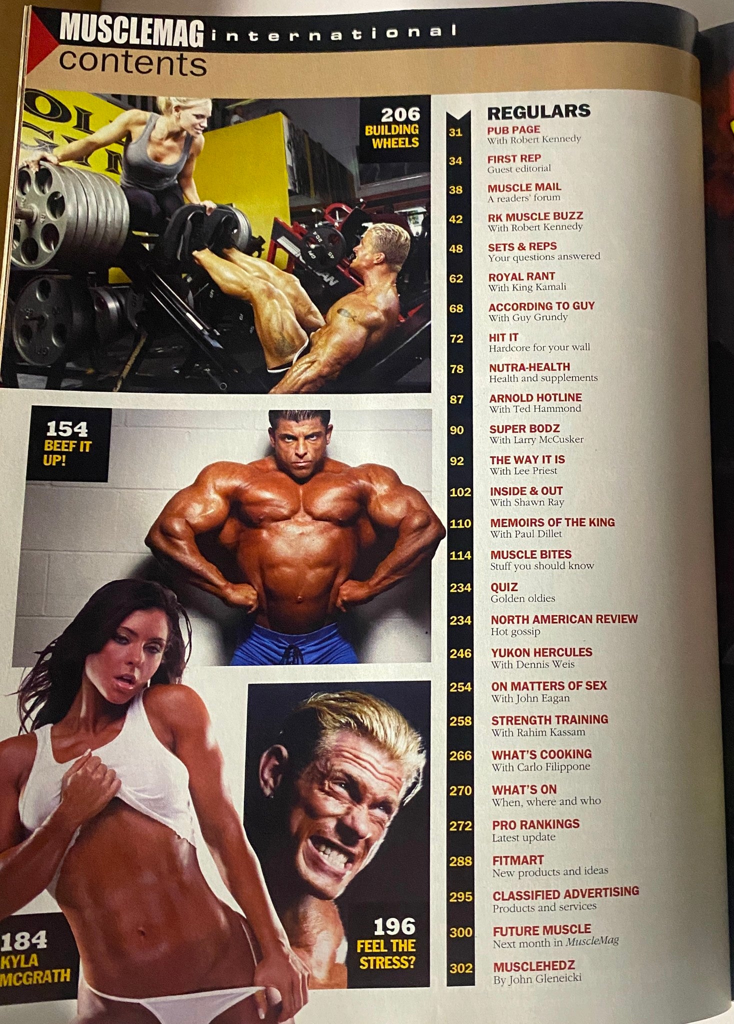 Contents page of MuscleMag International Magazine December 2007 No. 307 showcasing features on bodybuilding, training techniques, and regulars like RK Muscle Buzz.
