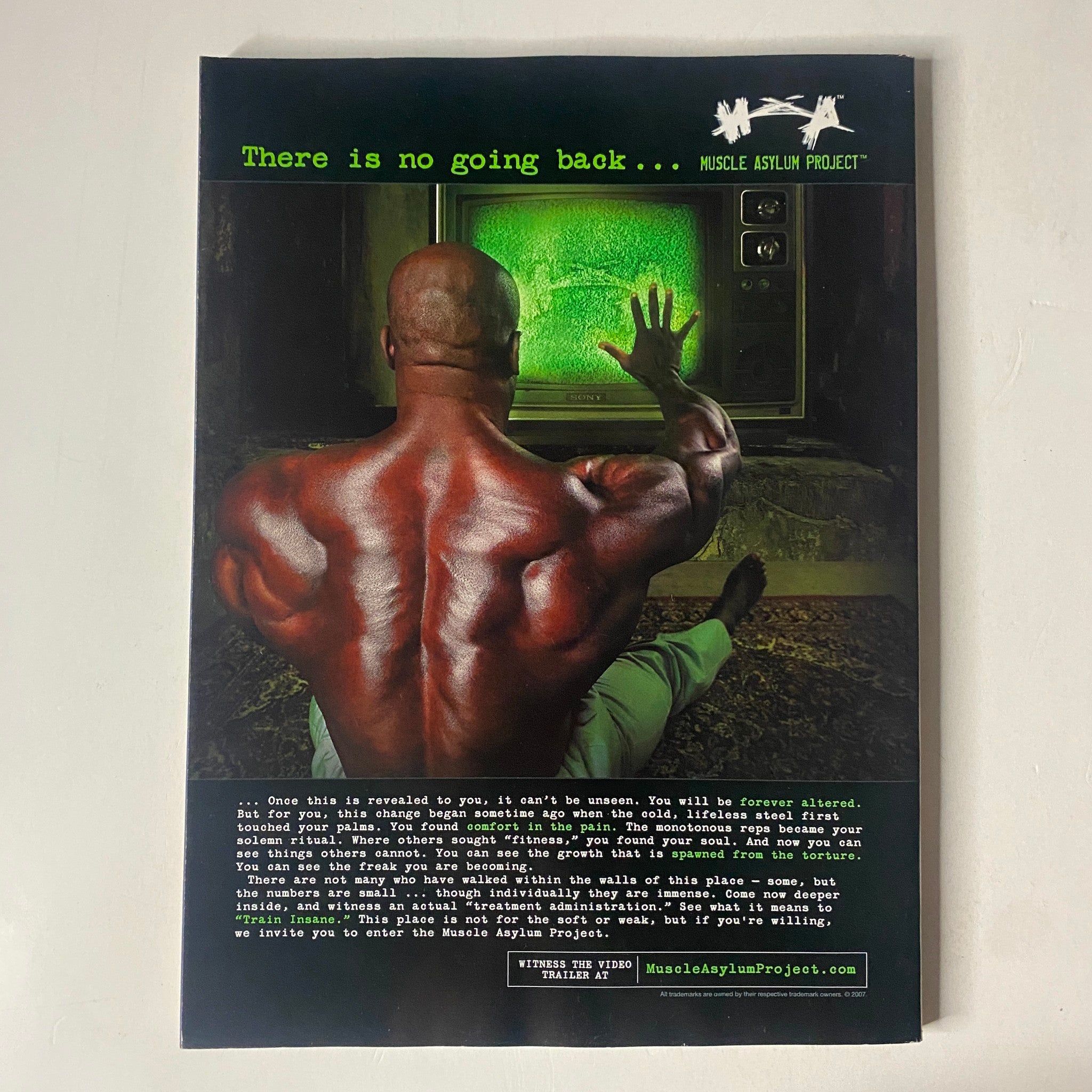 Back cover of MuscleMag International Magazine December 2007 No. 307 promoting the Muscle Aesthetics Project, highlighting the transformative power of bodybuilding.