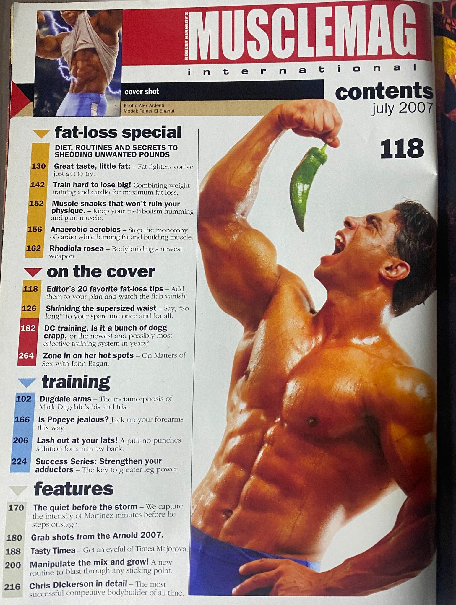 Contents page of MuscleMag International Magazine July 2007 No. 302 featuring a muscular athlete holding a green pepper, outlining various features and articles including fat-loss special and training routines.