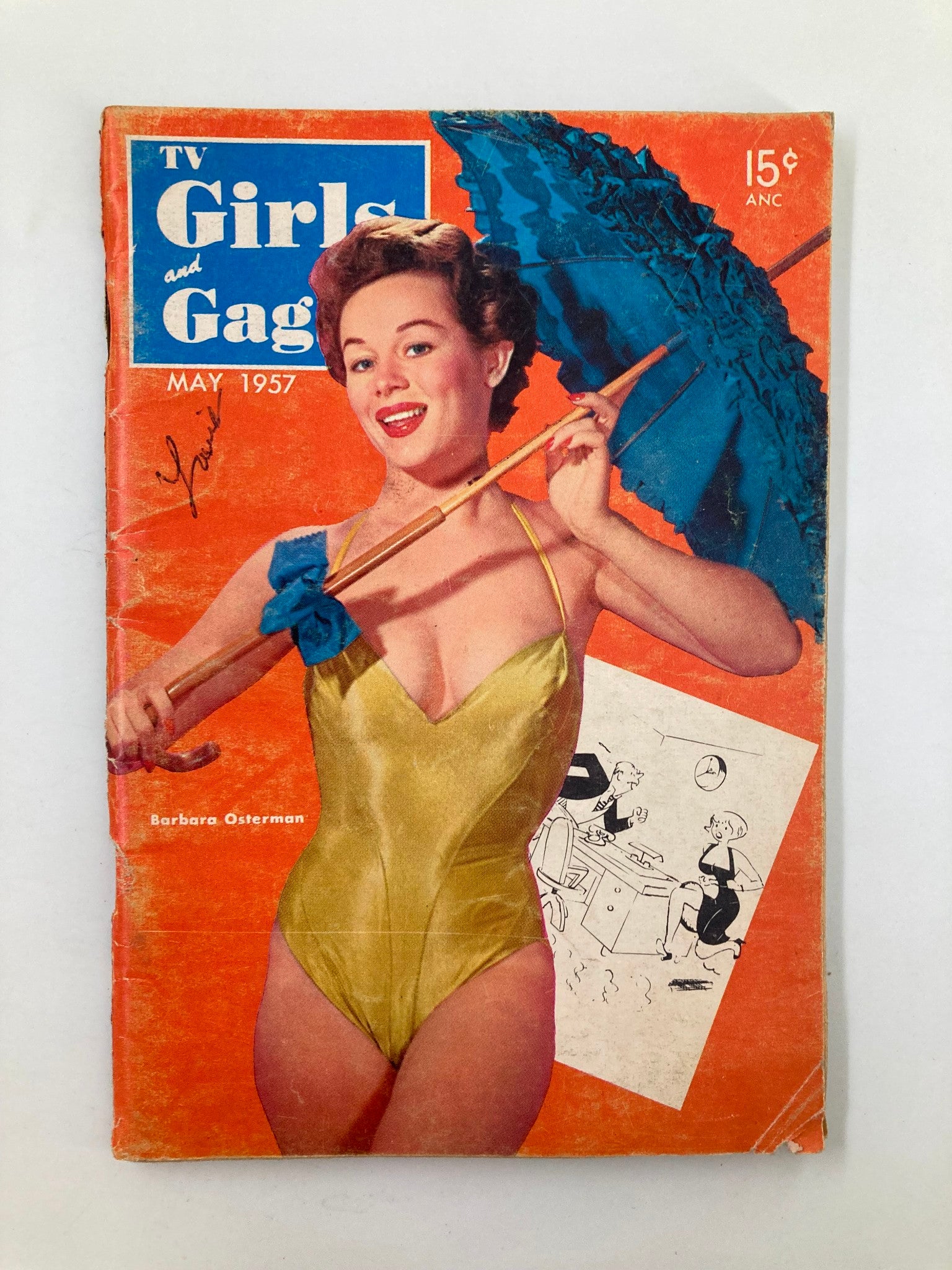 VTG TV Girls and Gags Magazine May 1957 cover featuring Barbara Osterman in a yellow swimsuit holding a blue umbrella.
