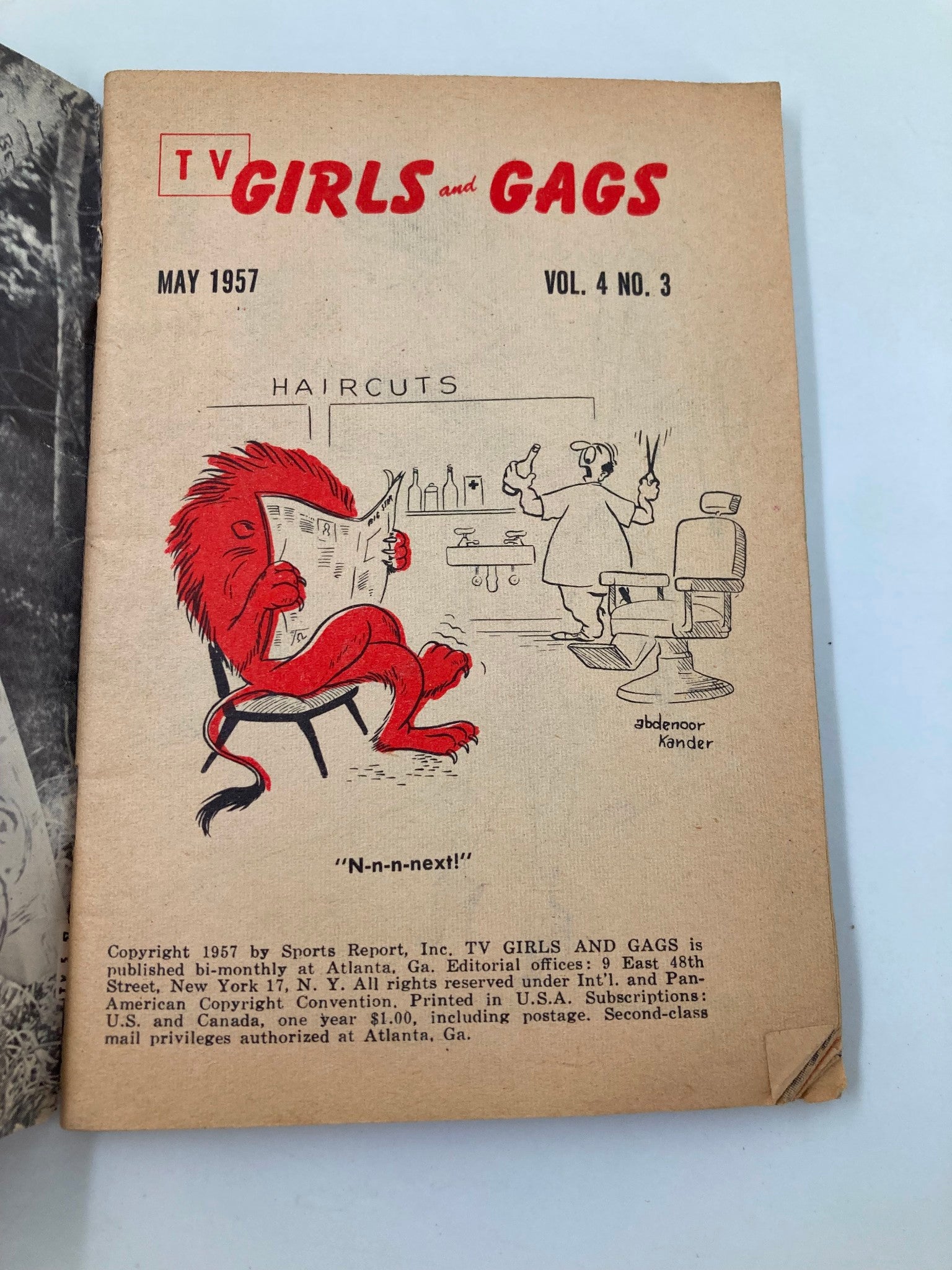 Inside page of VTG TV Girls and Gags Magazine May 1957, illustrating a cartoon of a lion in a barber shop, humorous content related to haircuts.