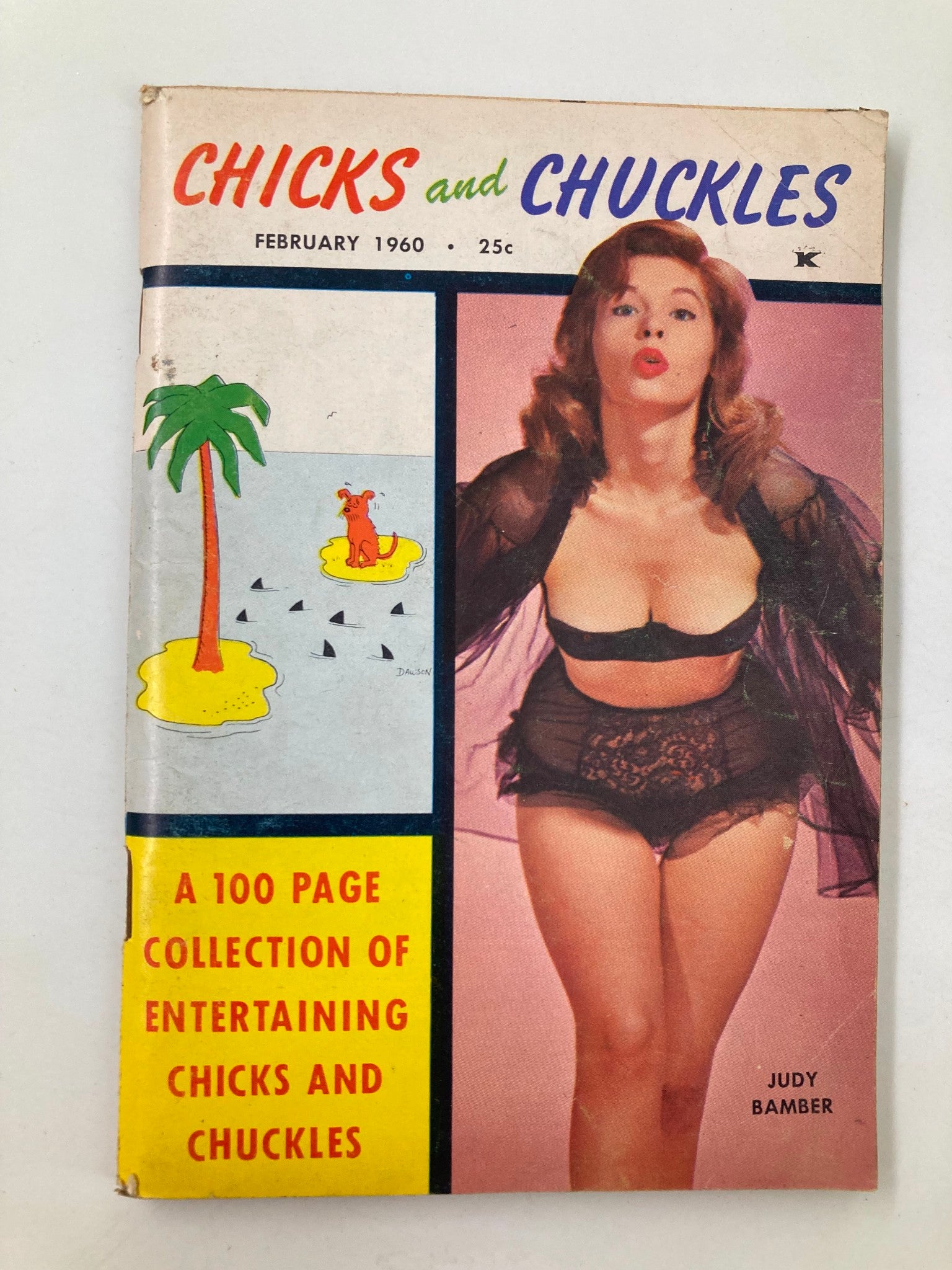Cover of VTG Chicks and Chuckles Magazine February 1960 featuring Judy Bamber, showcasing vintage illustrations and playful themes from the 1960s.