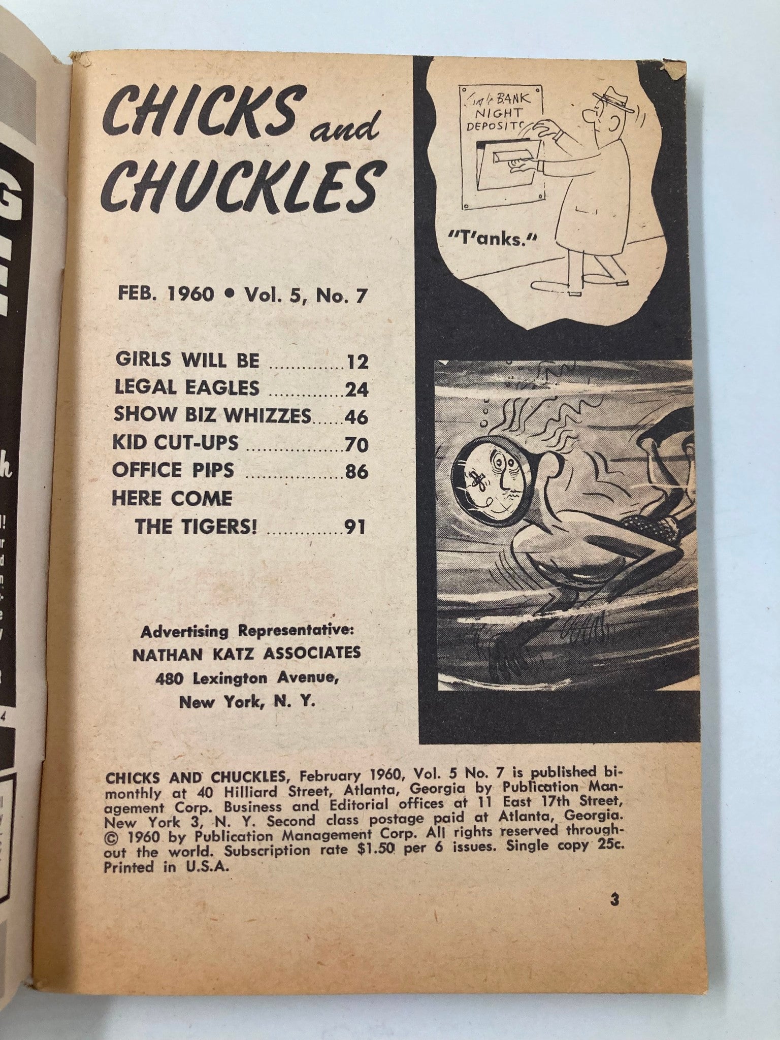 Interior page of VTG Chicks and Chuckles Magazine February 1960, displaying the contents and features of the magazine, highlighting humor and vintage art.