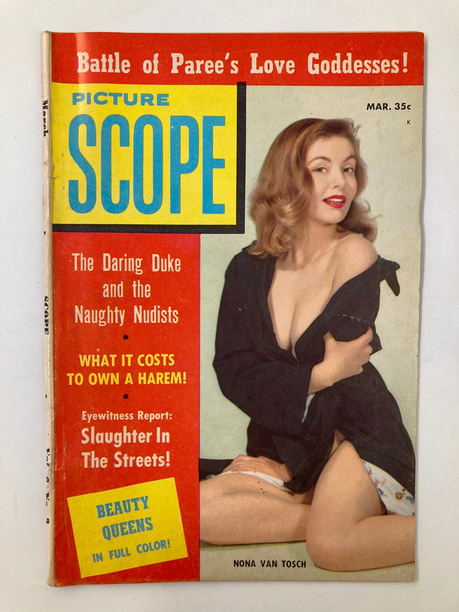 Cover of VTG Picture Scope Magazine March 1958 featuring Nona Van Tosch, showcasing vintage style and graphics representing 1950s culture.