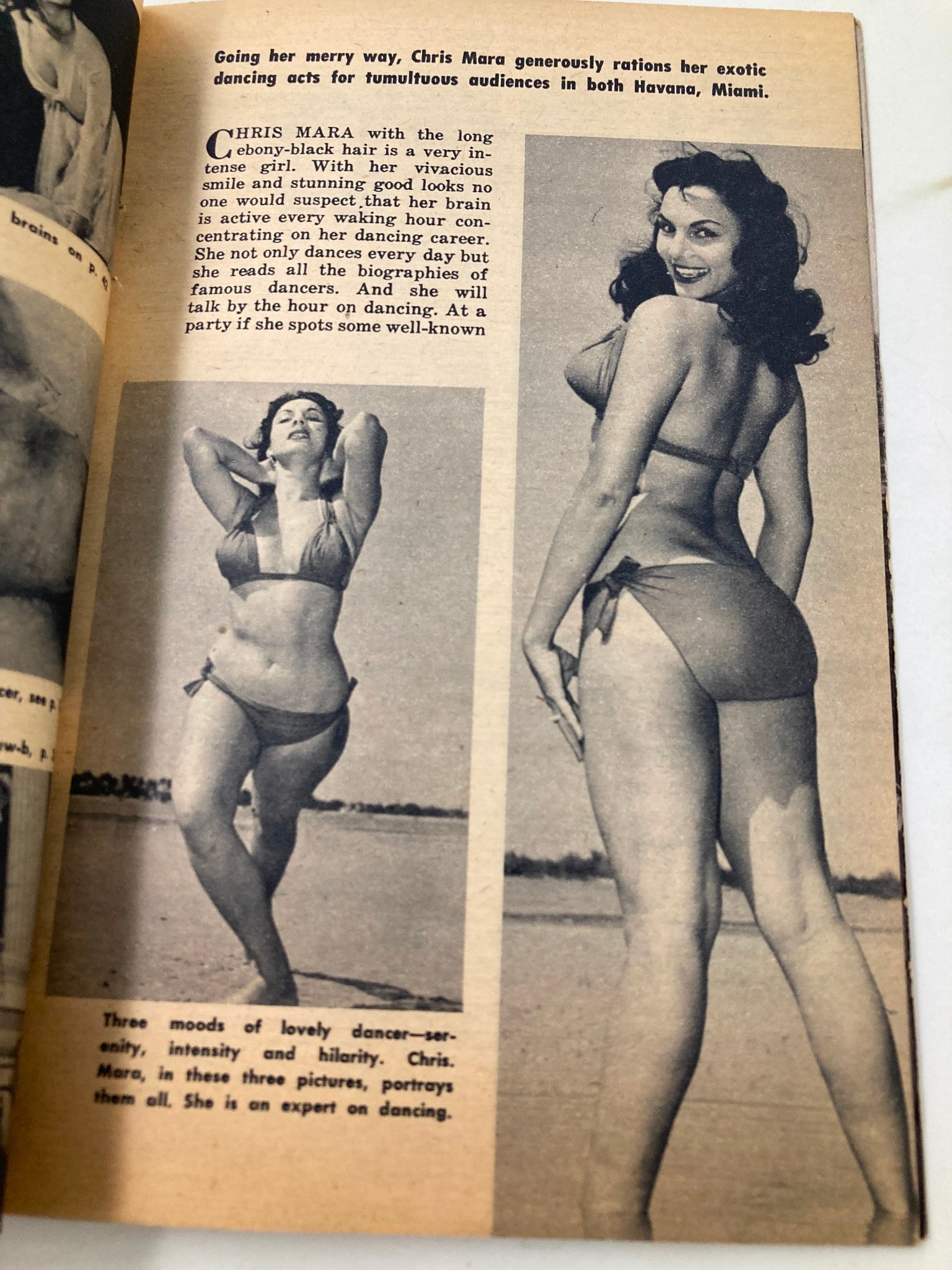 Interior page of VTG Picture Scope Magazine March 1958 displaying Chris Mara in elegant poses, demonstrating the vintage glamour of 1950s entertainment.