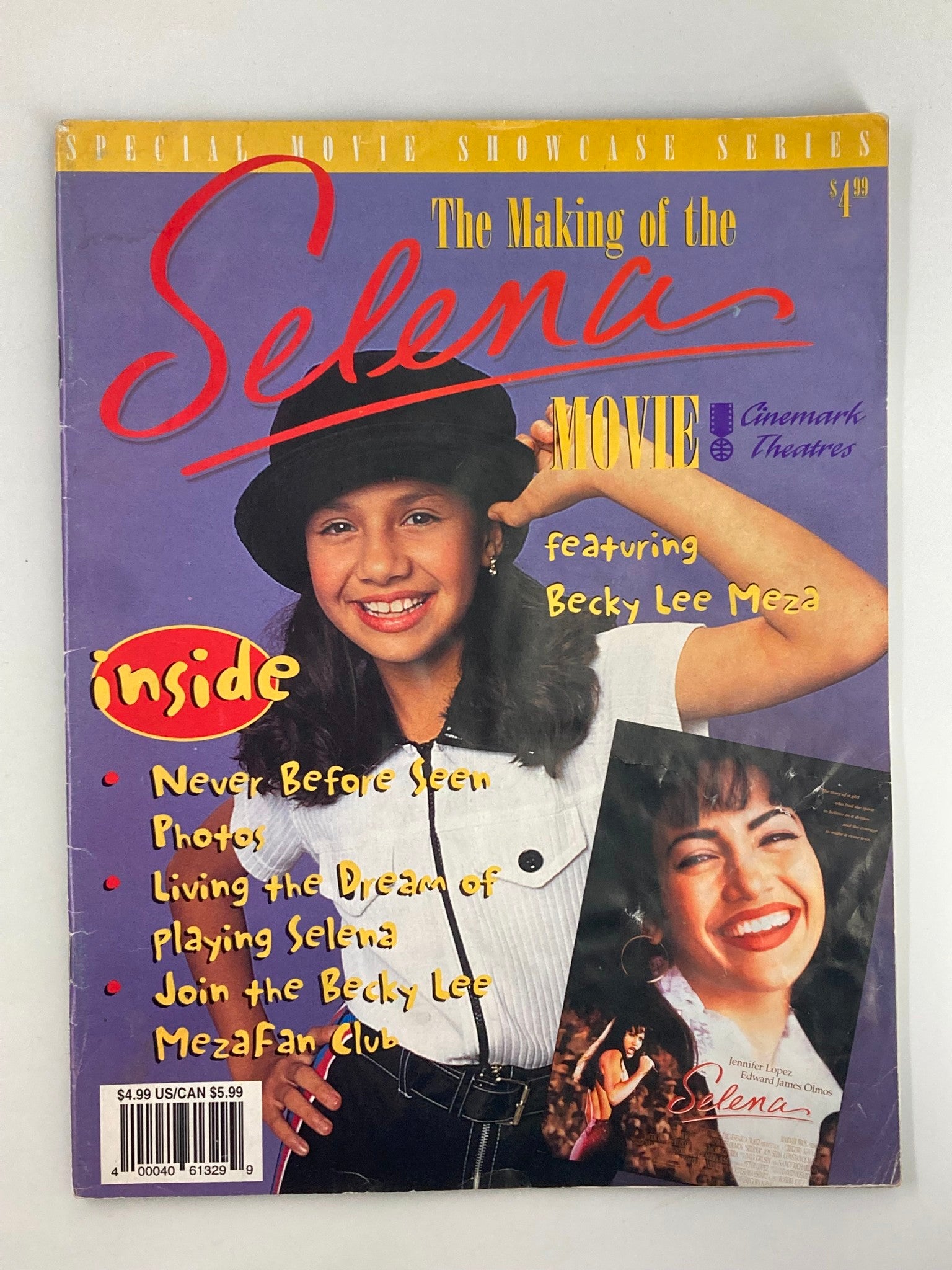 1997 Selena Movie Special Movie Showcase Series feat. Becky Lee Meza magazine cover showcasing Becky Lee Meza smiling, wearing a black hat, with text highlighting features like never-before-seen photos and the Becky Lee Meza Fan Club.