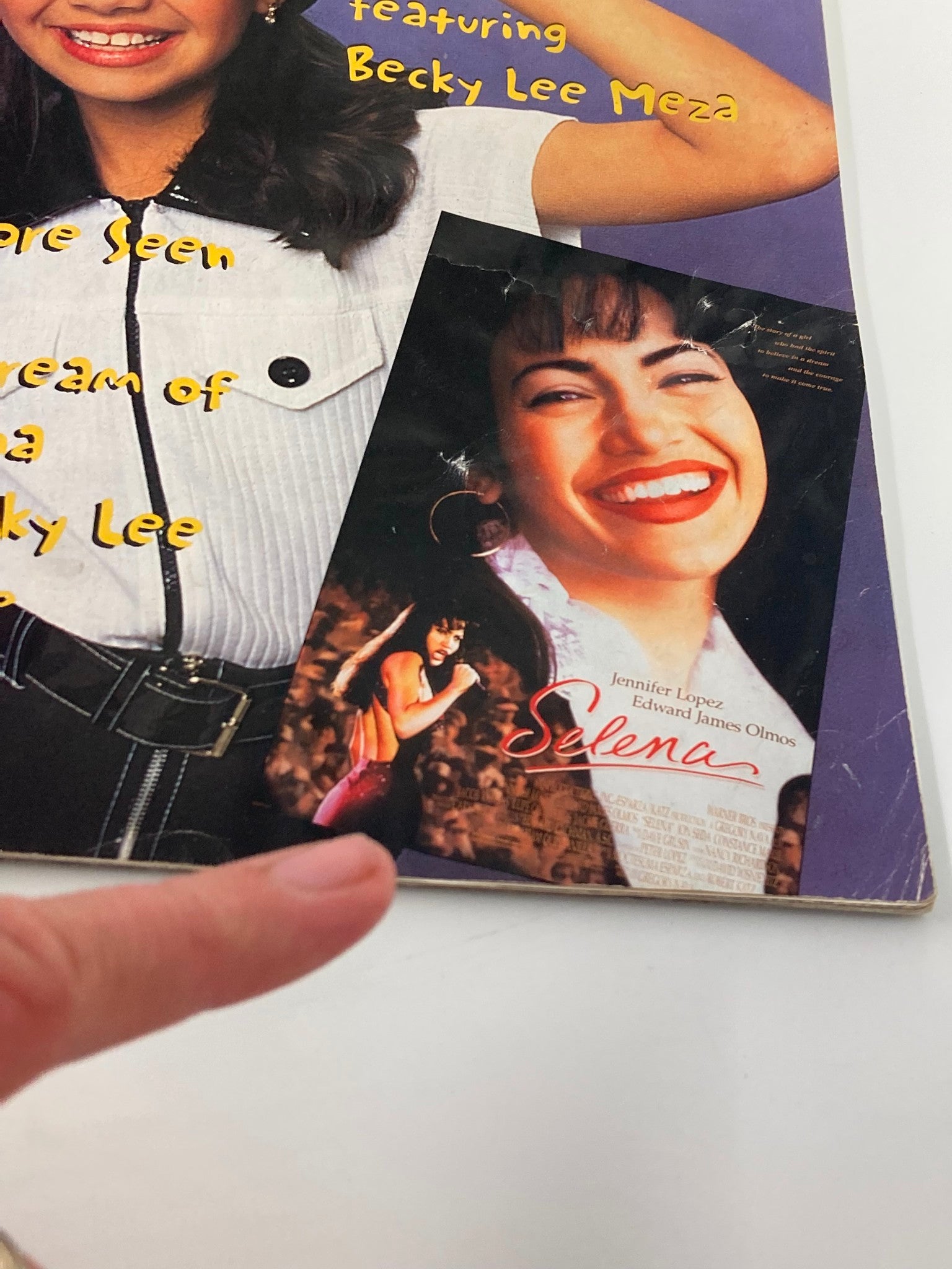 Close-up of the 1997 Selena Movie Special Movie Showcase Series page featuring Becky Lee Meza, with a spotlight on a photo of Jennifer Lopez as Selena, indicating the magazine's content related to the iconic film.