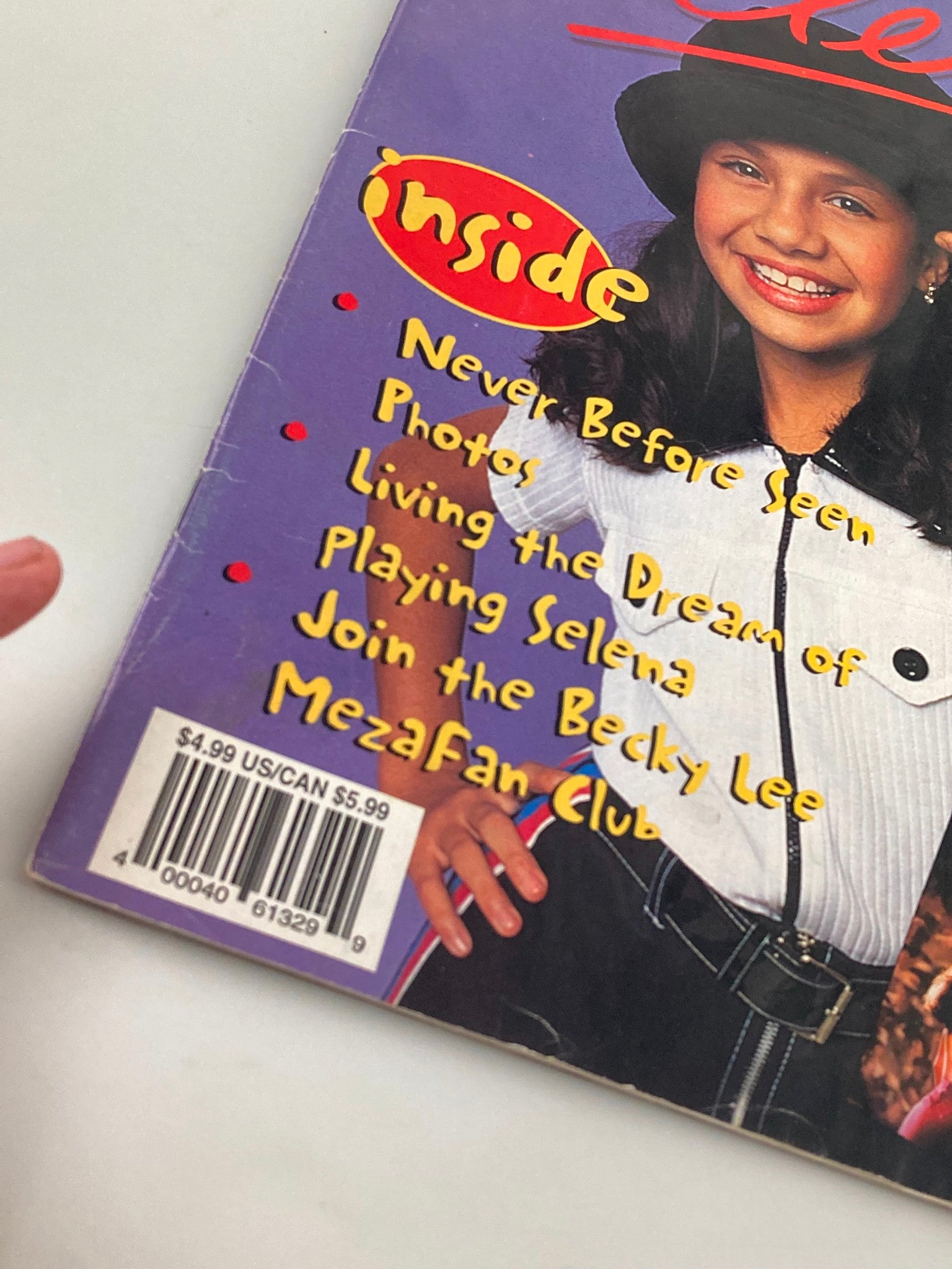 Back cover of the 1997 Selena Movie Special Movie Showcase Series featuring Becky Lee Meza, highlighting features like 'Never Before Seen Photos' and membership information for the MezaFan Club.