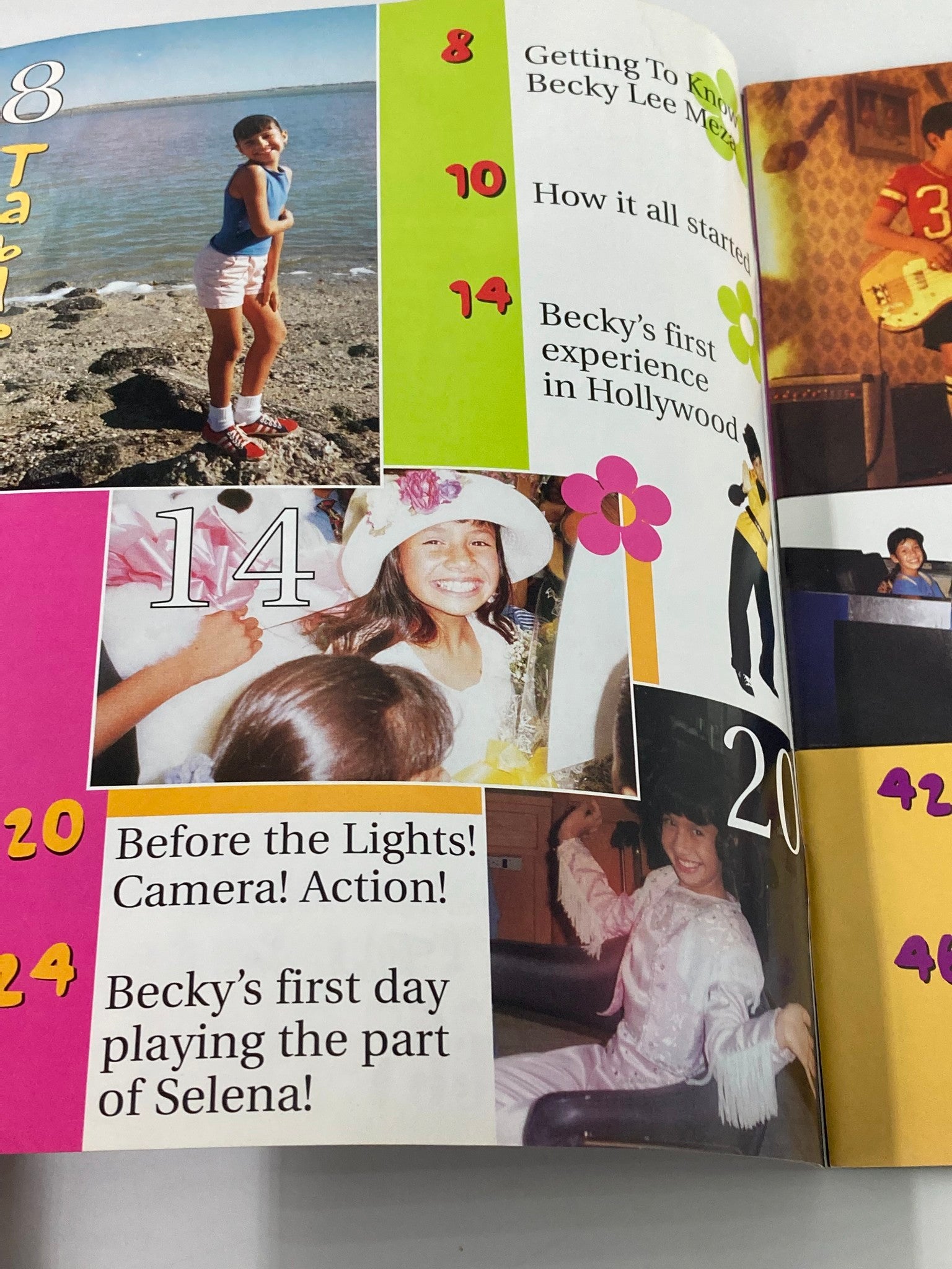 Inside page of the 1997 Selena Movie Special Movie Showcase Series showcasing Becky Lee Meza with sections titled 'Getting To Know Becky Lee Meza' and snippets about her first experience in Hollywood.