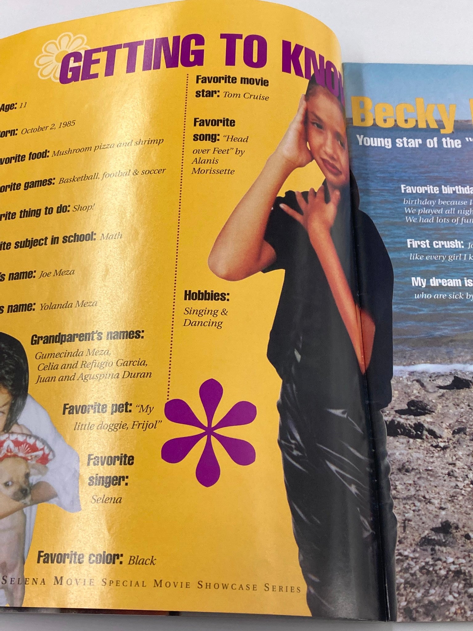 Inside page from the 1997 Selena Movie Special Movie Showcase Series that shares personal details about Becky Lee Meza, including her favorite things and hobbies.