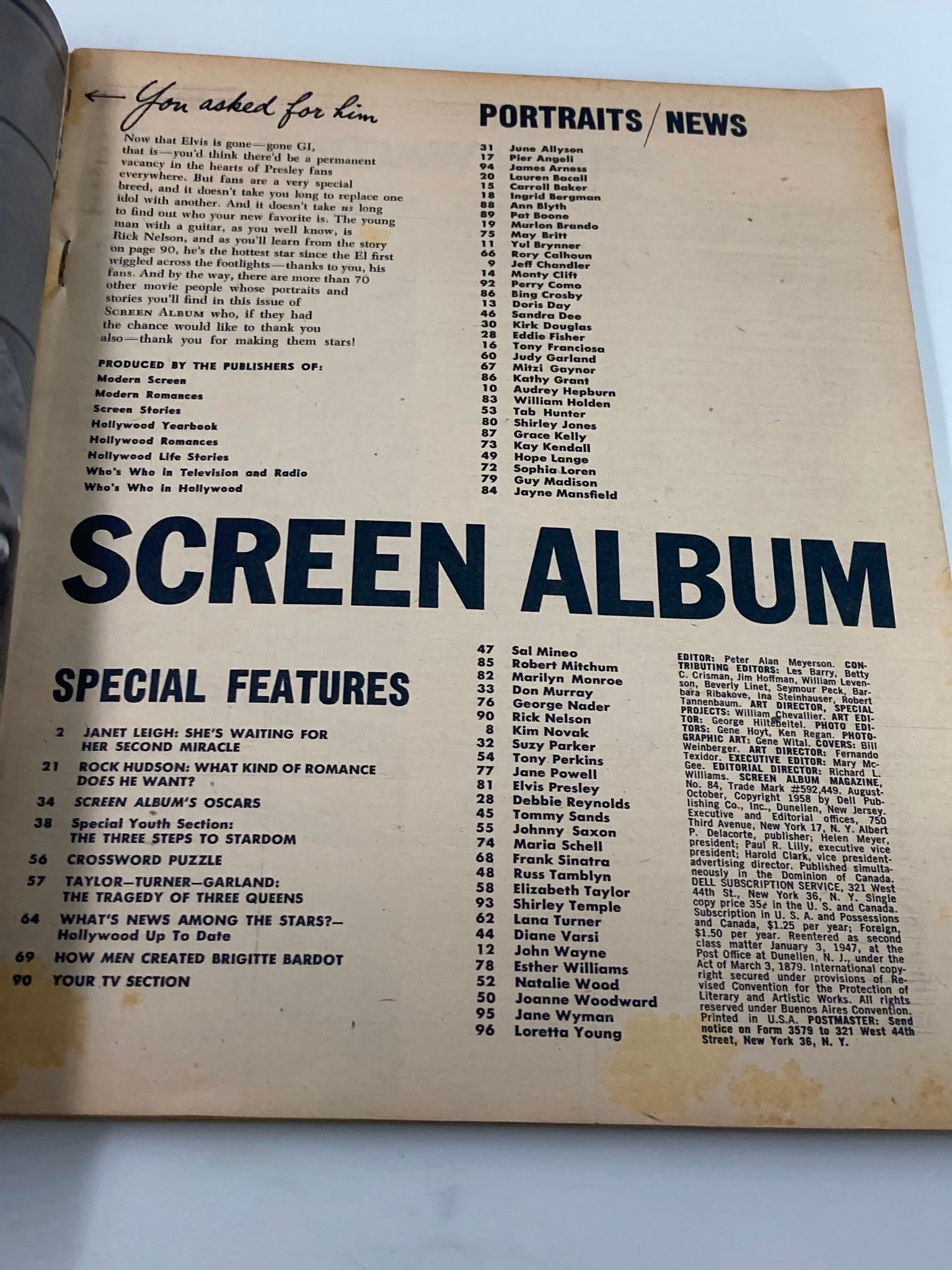 VTG Screen Album Magazine August 1958 Janet Leigh, Rock Hudson No Label