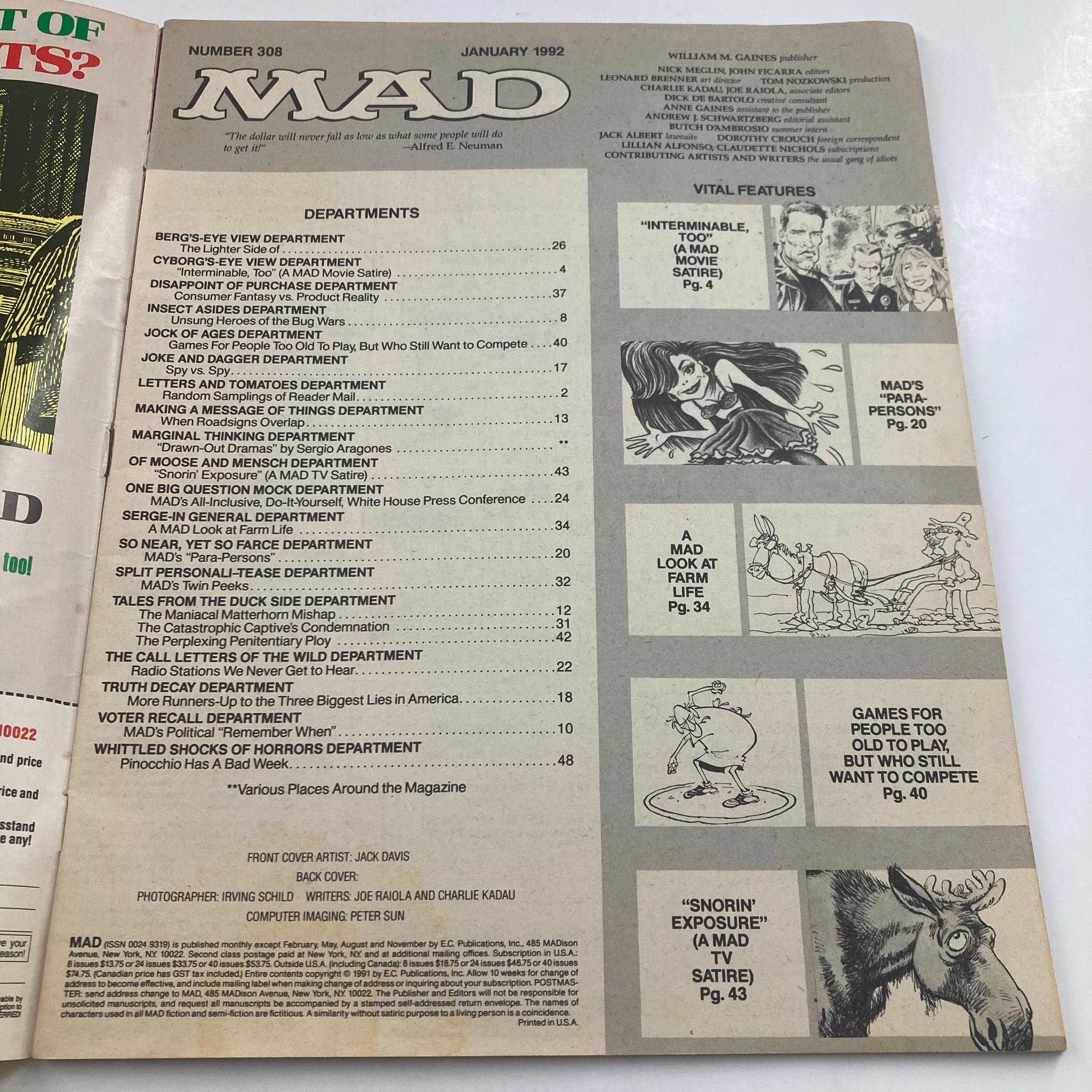 Mad Magazine January 1992 No. 308 Arnold Schwarzenegger 6.0 FN Fine No Label