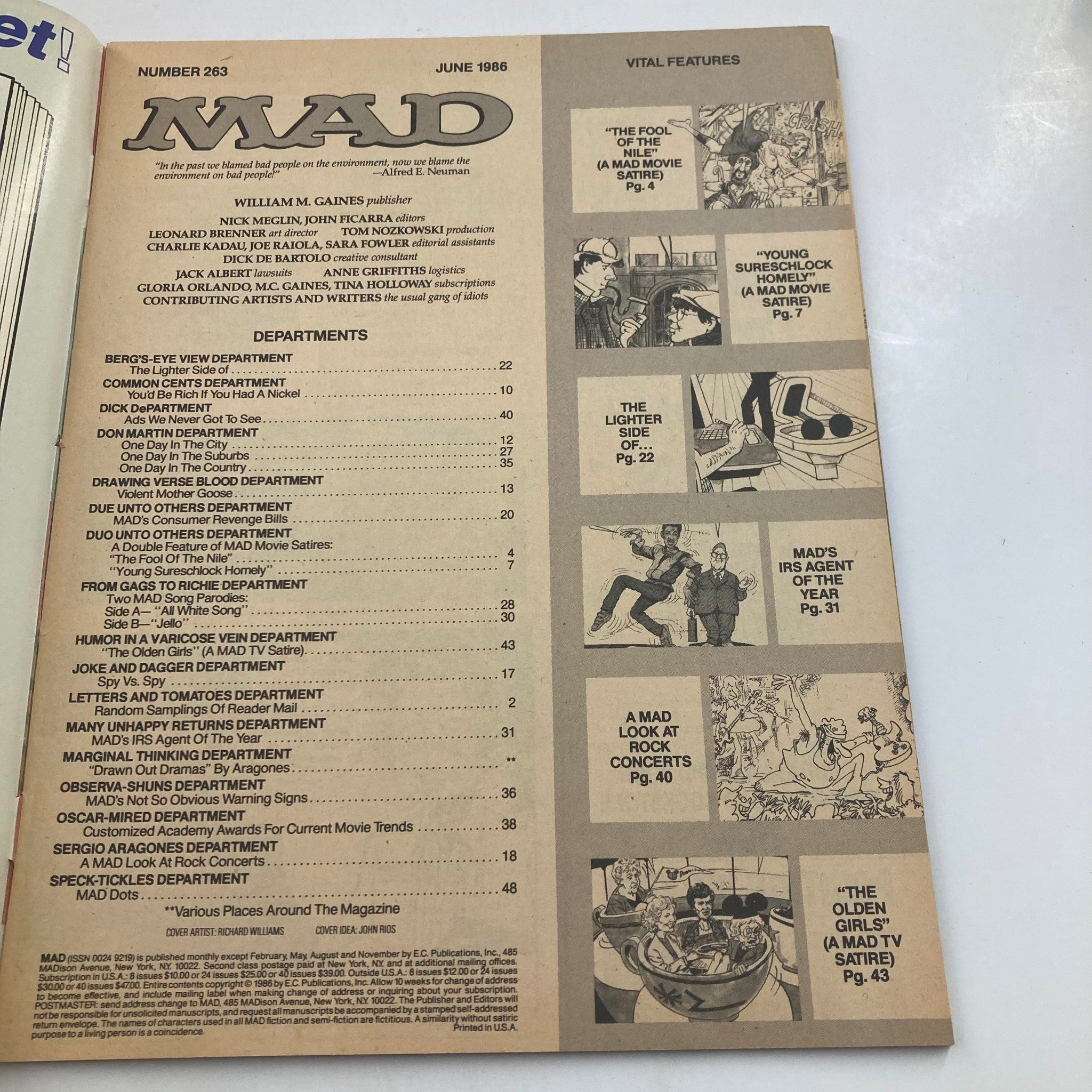 Mad Magazine June 1986 No. 263 Alfred's Missing Tooth 6.0 FN Fine No Label