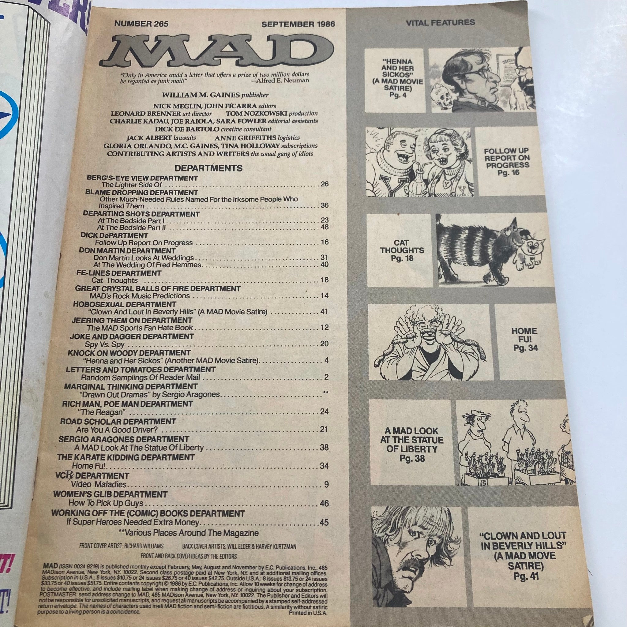 Mad Magazine September 1986 No. 265 Nauseating Neuman 2.0 Good No Label