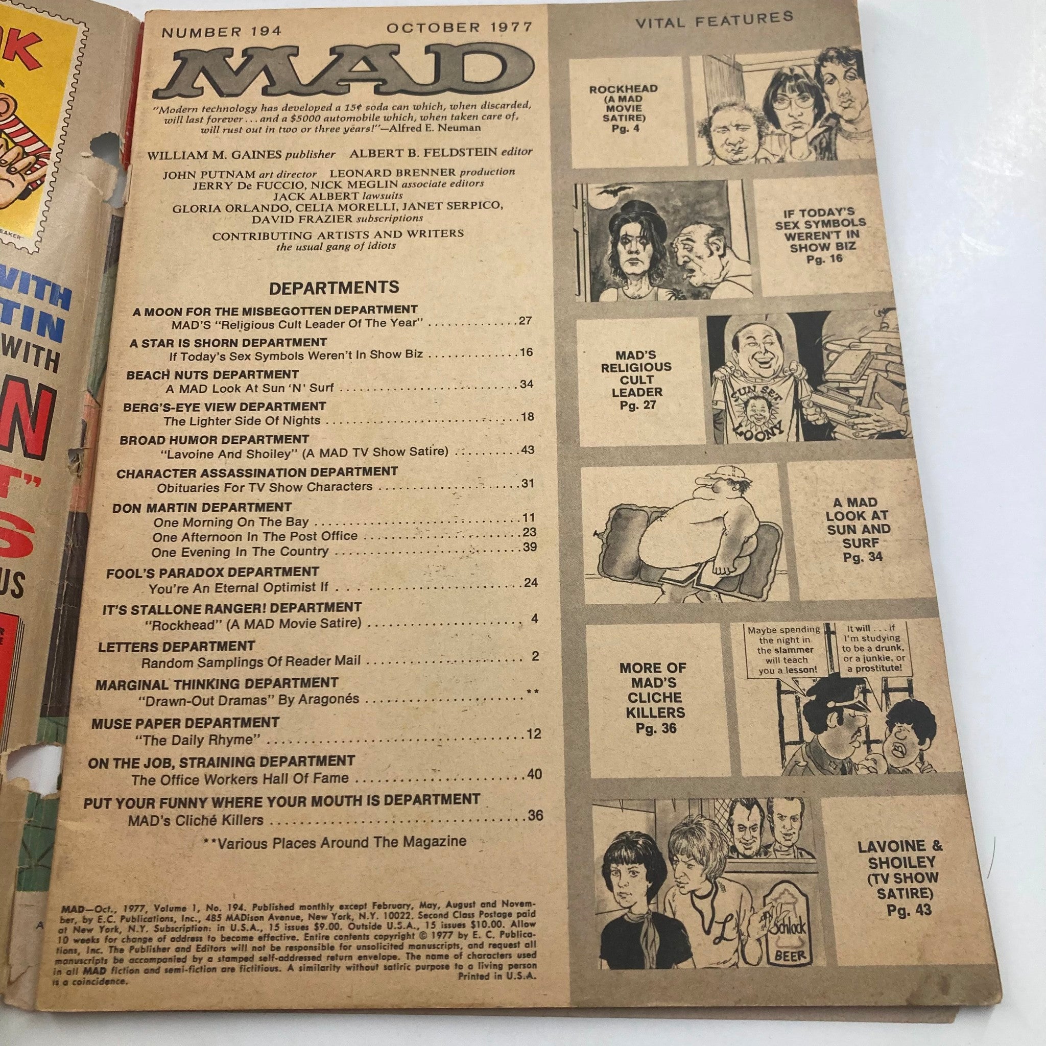 Mad Magazine October 1977 No. 194 Sylvester Stallone Rocky 2.0 Good No Label