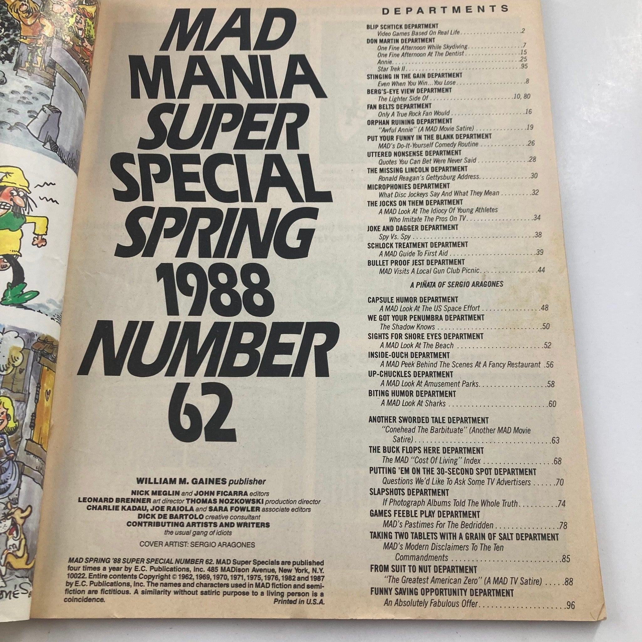 Inside page of Mad Magazine Spring 1988 No. 62 displaying the contents section, highlighting various humorous articles and features included in this iconic issue.