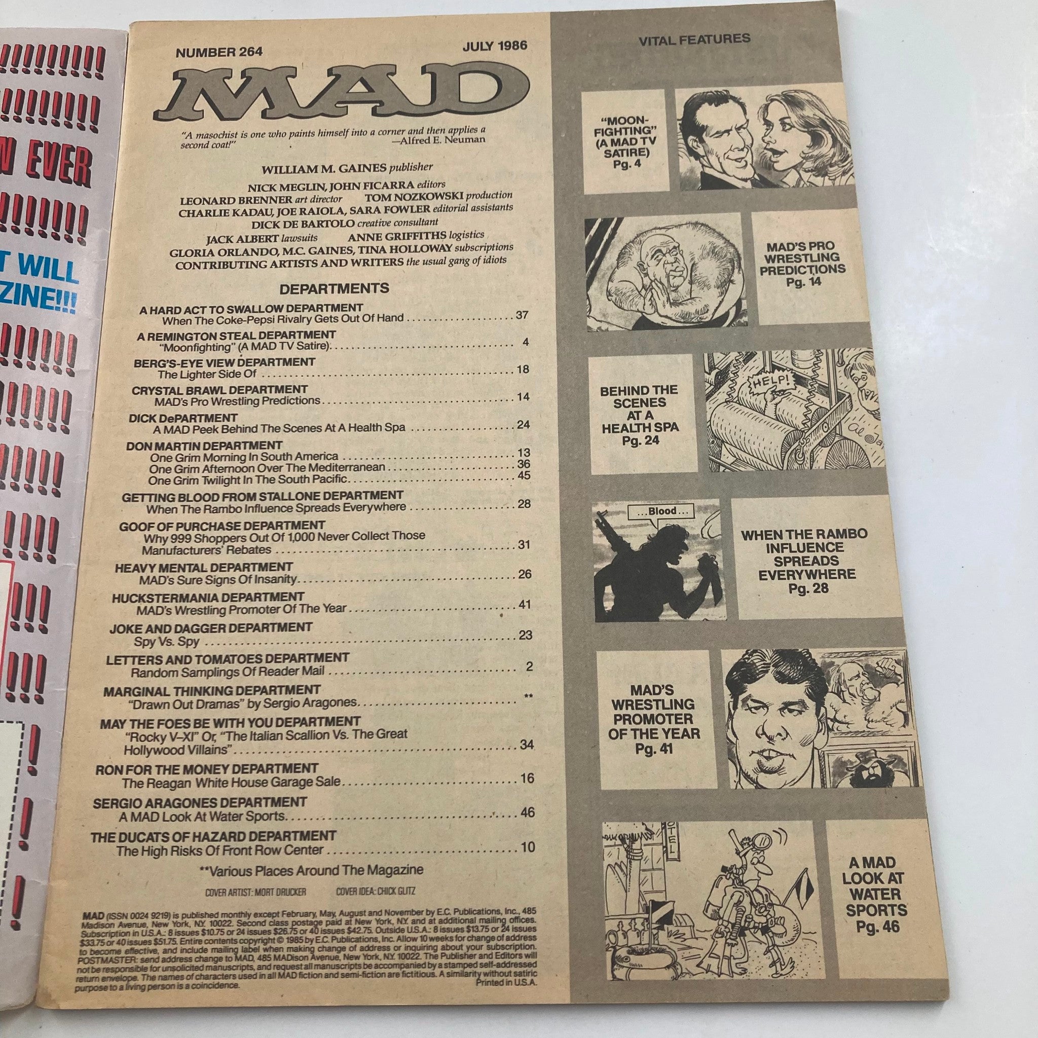 Interior page of Mad Magazine July 1986 No. 264, displaying the table of contents and vital features with highlights of the magazine's satirical content.