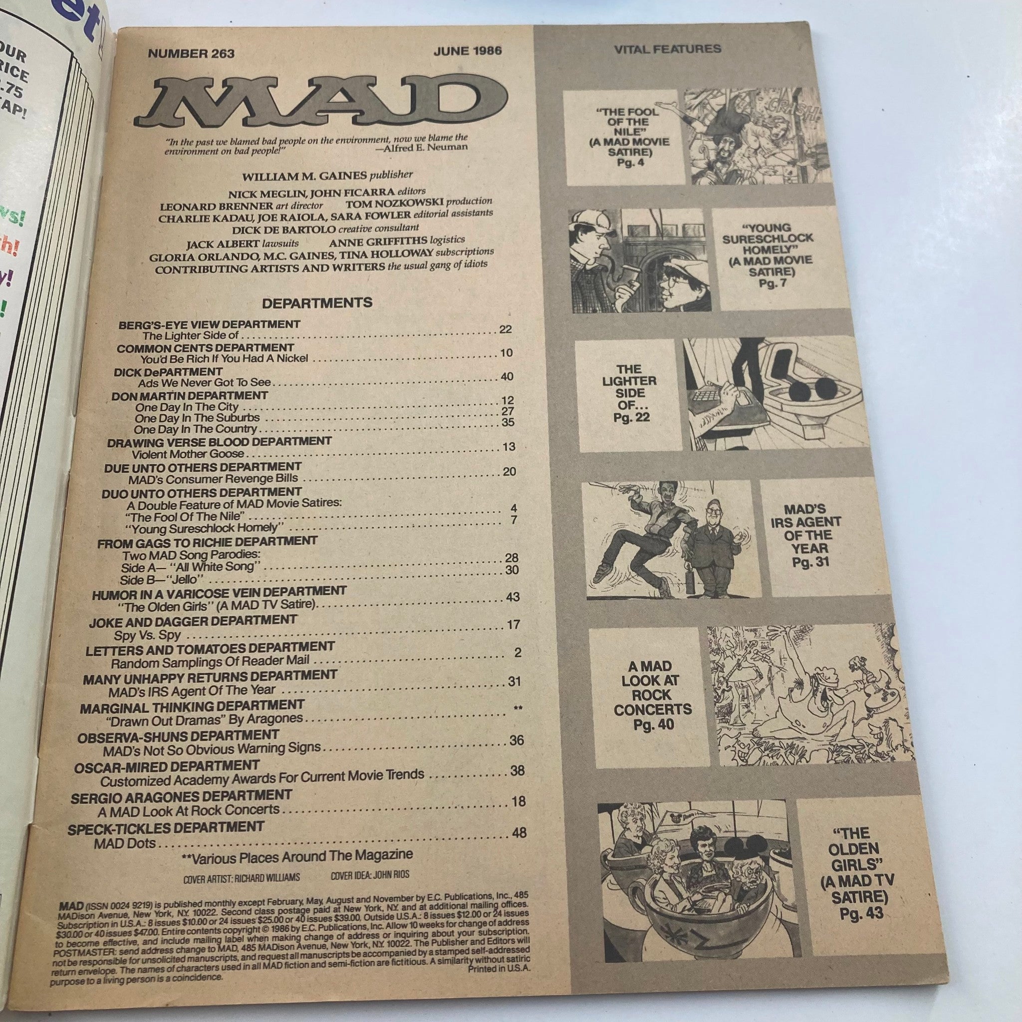 Mad Magazine June 1986 No. 263 Jewel of The Nile 4.0 VG Very Good No Label