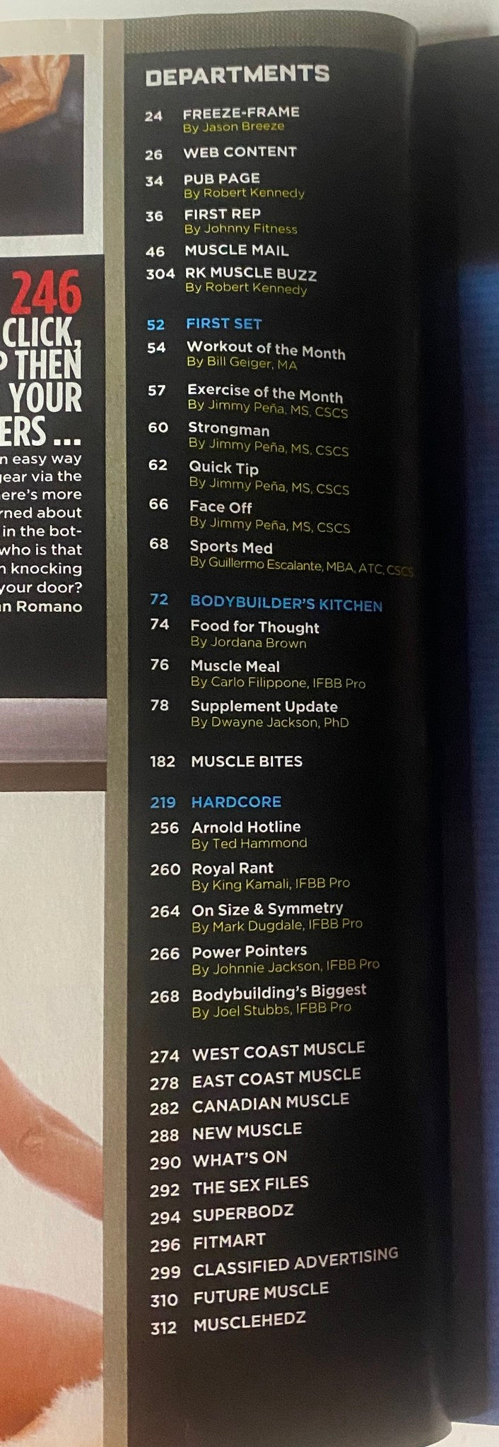 Departments section of MuscleMag International Magazine, November 2009, No. 330 featuring articles like Freeze-Frame, Muscle Mail, and Workout of the Month, showcasing a comprehensive guide for bodybuilding enthusiasts.