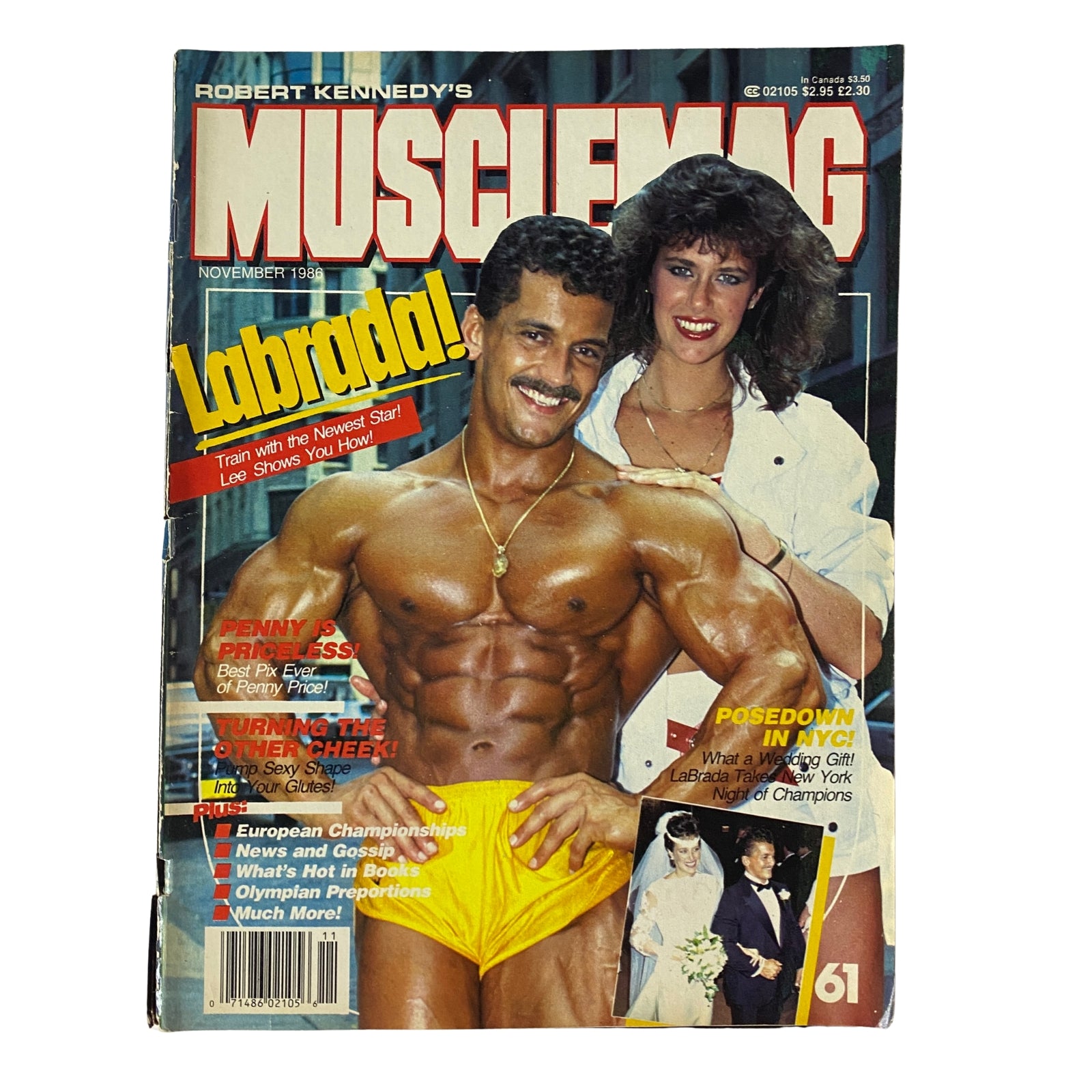 Cover of MuscleMag International Magazine, November 1986, No. 61 featuring Lee Labrada and Robin. The magazine showcases a muscular male model in a pose wearing yellow shorts, reflecting 1980s bodybuilding culture.