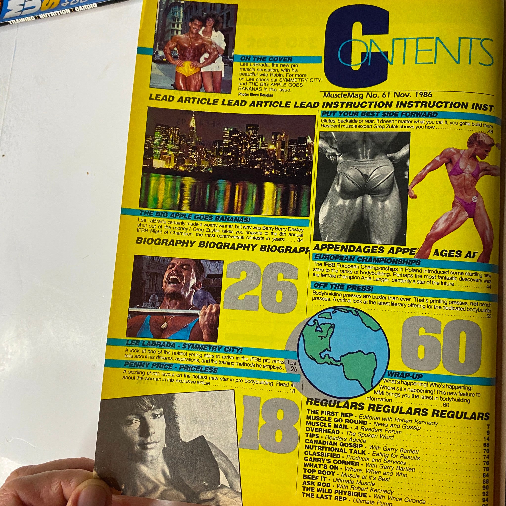 Contents page of MuscleMag International Magazine, November 1986, No. 61 highlighting various sections including biographies and sports news, with a vibrant layout showcasing bodybuilding themes.