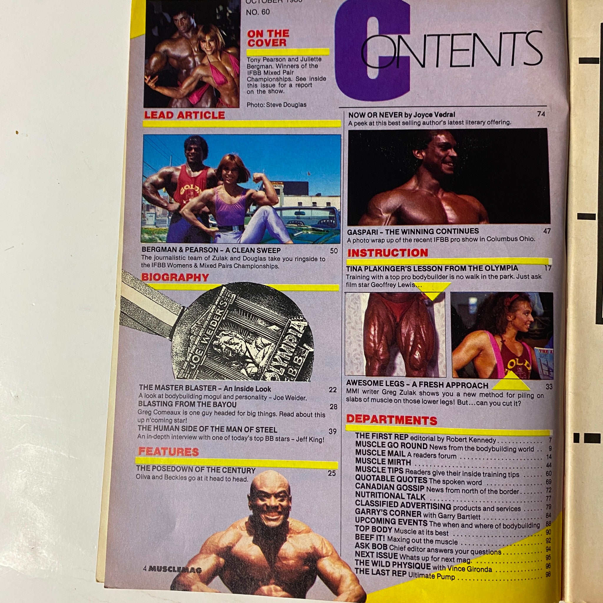 Contents page of MuscleMag International Magazine October 1986, displaying headlines and articles including 'Bergman & Pearson - A Clean Sweep' and 'The Master Blaster'.