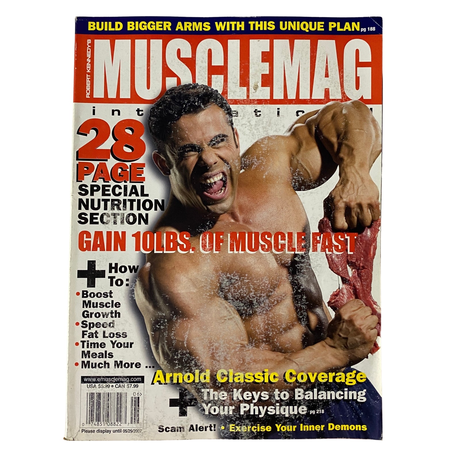 MuscleMag International Magazine June 2007 No. 301 featuring Moe El Moussawi on the cover, showcasing bodybuilding tips and special nutrition section for muscle gain.