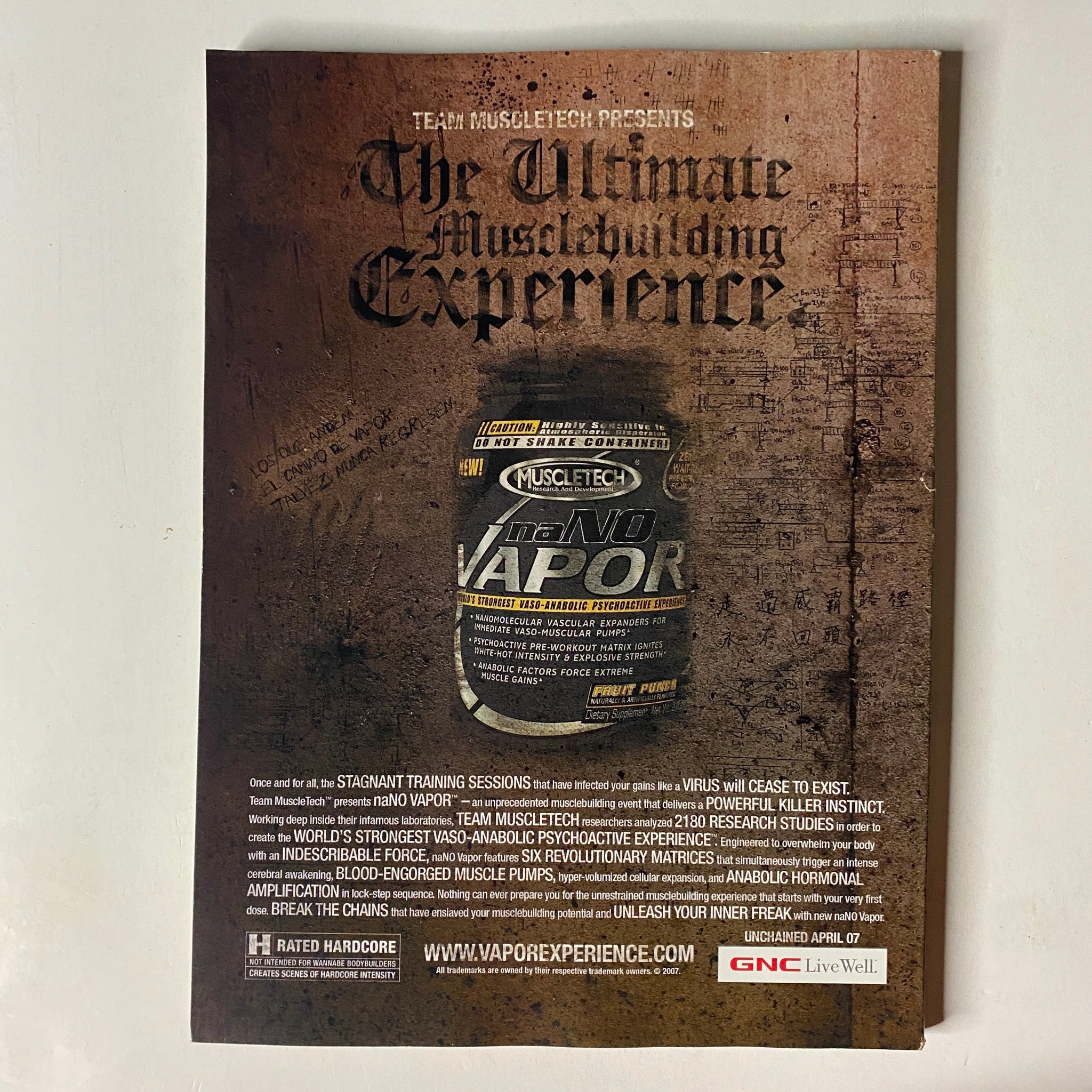 Back cover of MuscleMag International Magazine June 2007 No. 301 promoting the ultimate bodybuilding supplement, Techno Vapor, highlighting features and benefits for serious fitness enthusiasts.