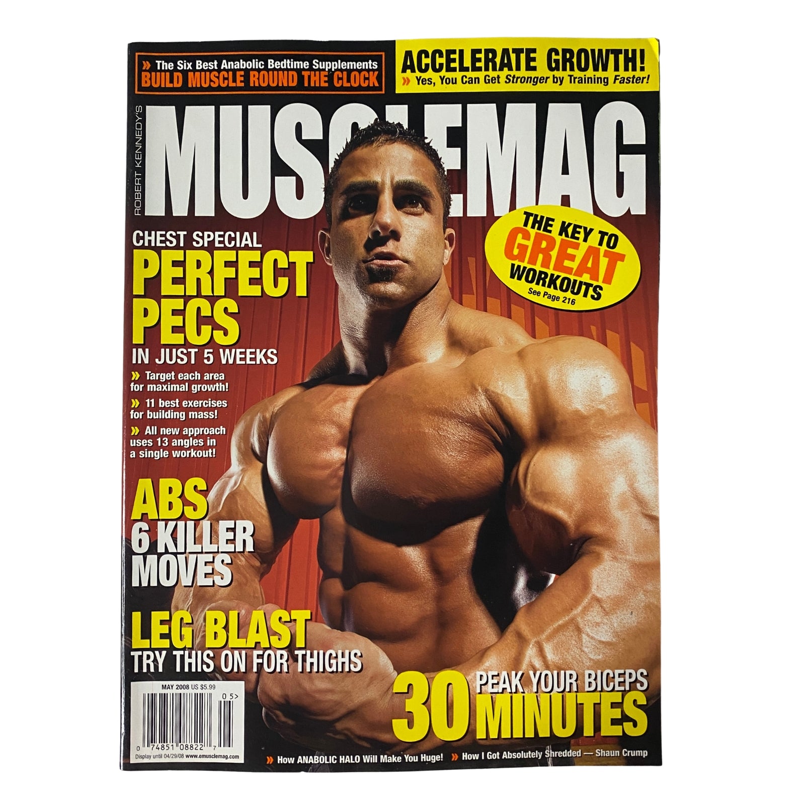 Cover of MuscleMag International Magazine May 2008 No. 312 featuring Fouad Abiad showcasing his physique, emphasizing fitness and bodybuilding.