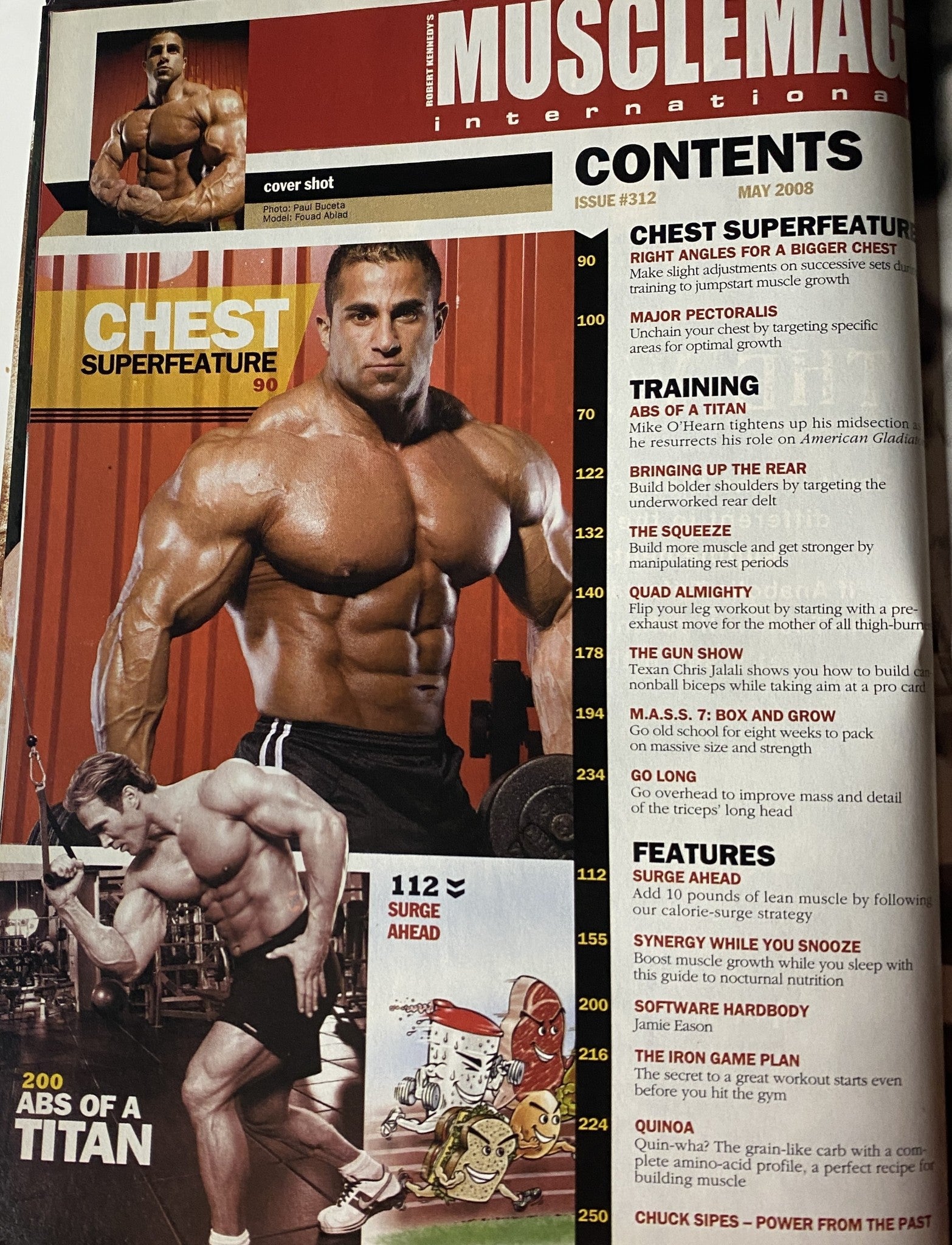 Contents page of MuscleMag International Magazine May 2008 No. 312 detailing featured articles including training tips and athlete profiles.