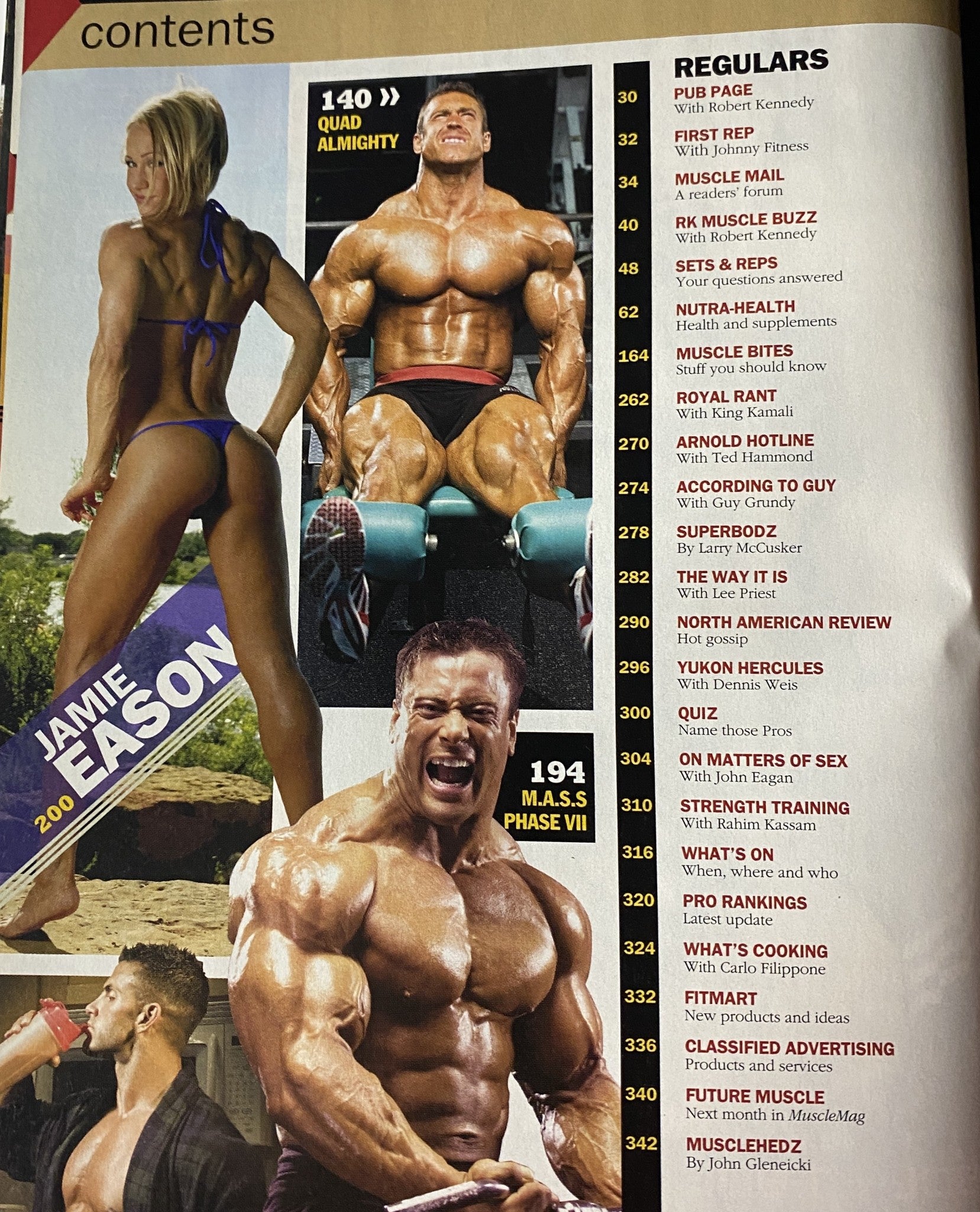 Second contents page of MuscleMag International Magazine May 2008 No. 312 highlighting regular features and bodybuilding insights.