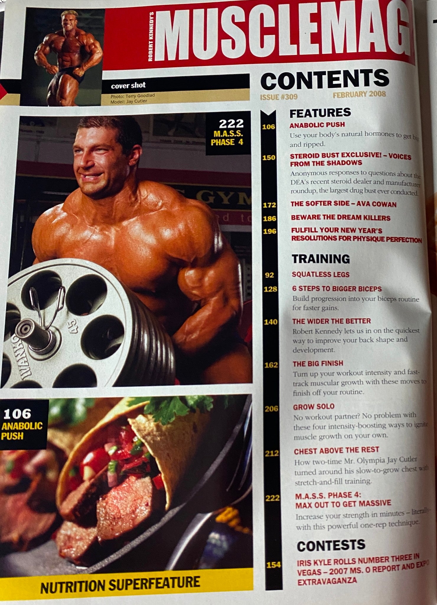 Contents page of MuscleMag International Magazine February 2008 No. 309. Highlights include features on anabolic push, training techniques, and nutrition superfeatures.