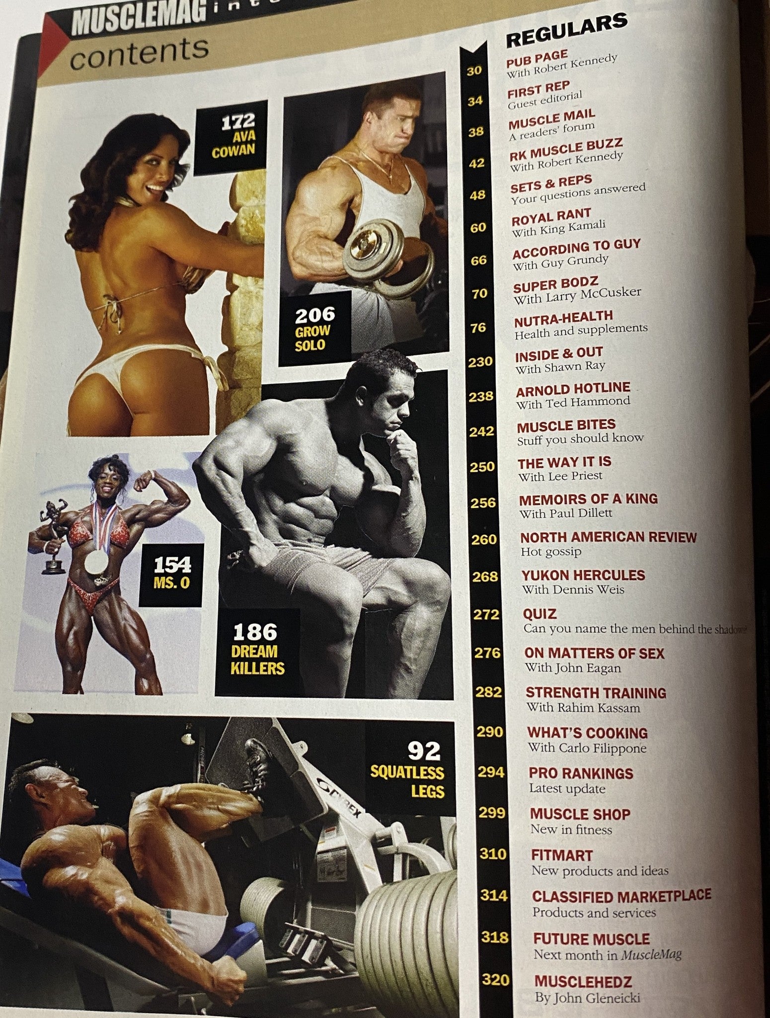 Another contents page from MuscleMag International Magazine February 2008 No. 309, featuring regular columns on bodybuilding tips, health advice, and nutrition.