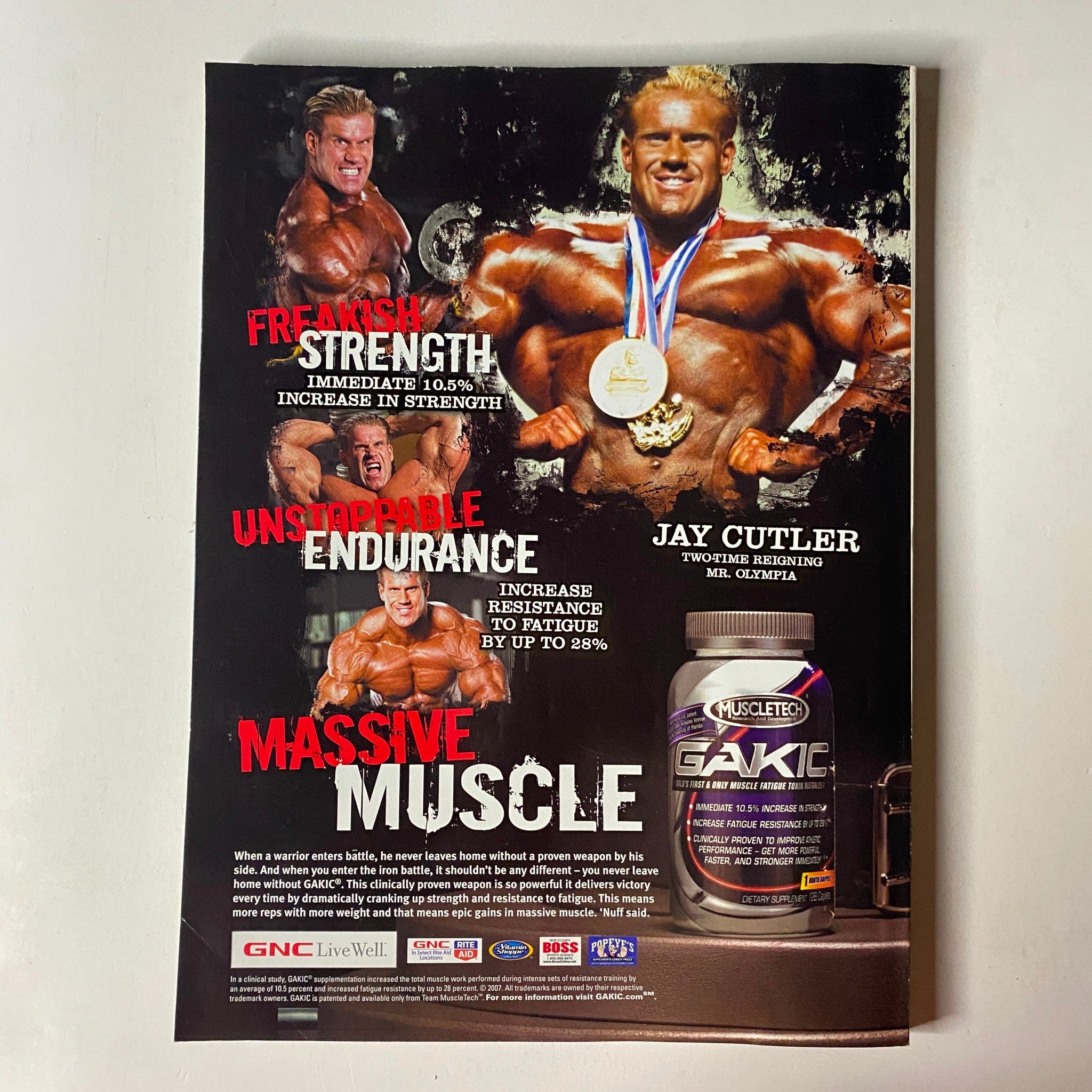Promotional poster for MuscleMag International Magazine February 2008 No. 309 featuring Jay Cutler, showcasing bodybuilding achievements and GNC product advertisement emphasizing strength, endurance, and muscle growth.