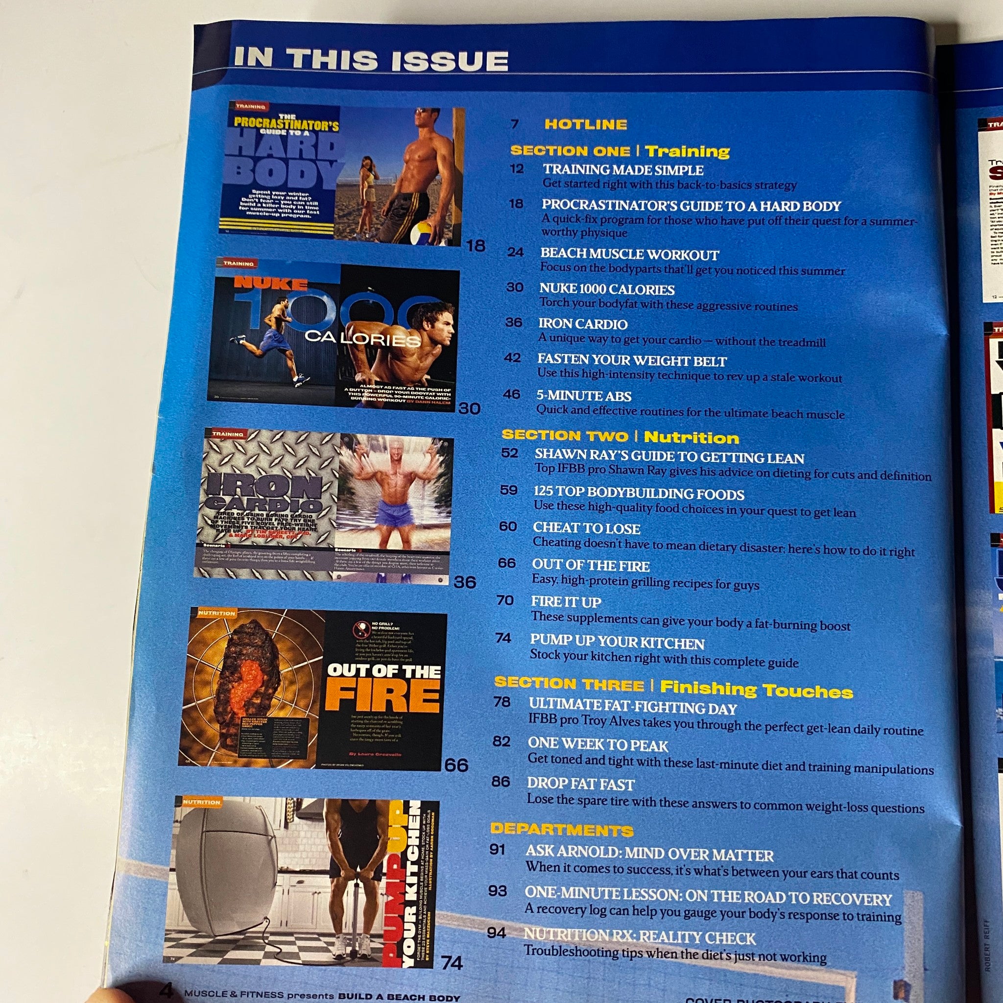 Inside layout of the Muscle & Fitness Magazine May 2005 Build a Beach Body Special Issue, showcasing articles and features including training routines and nutritional advice.