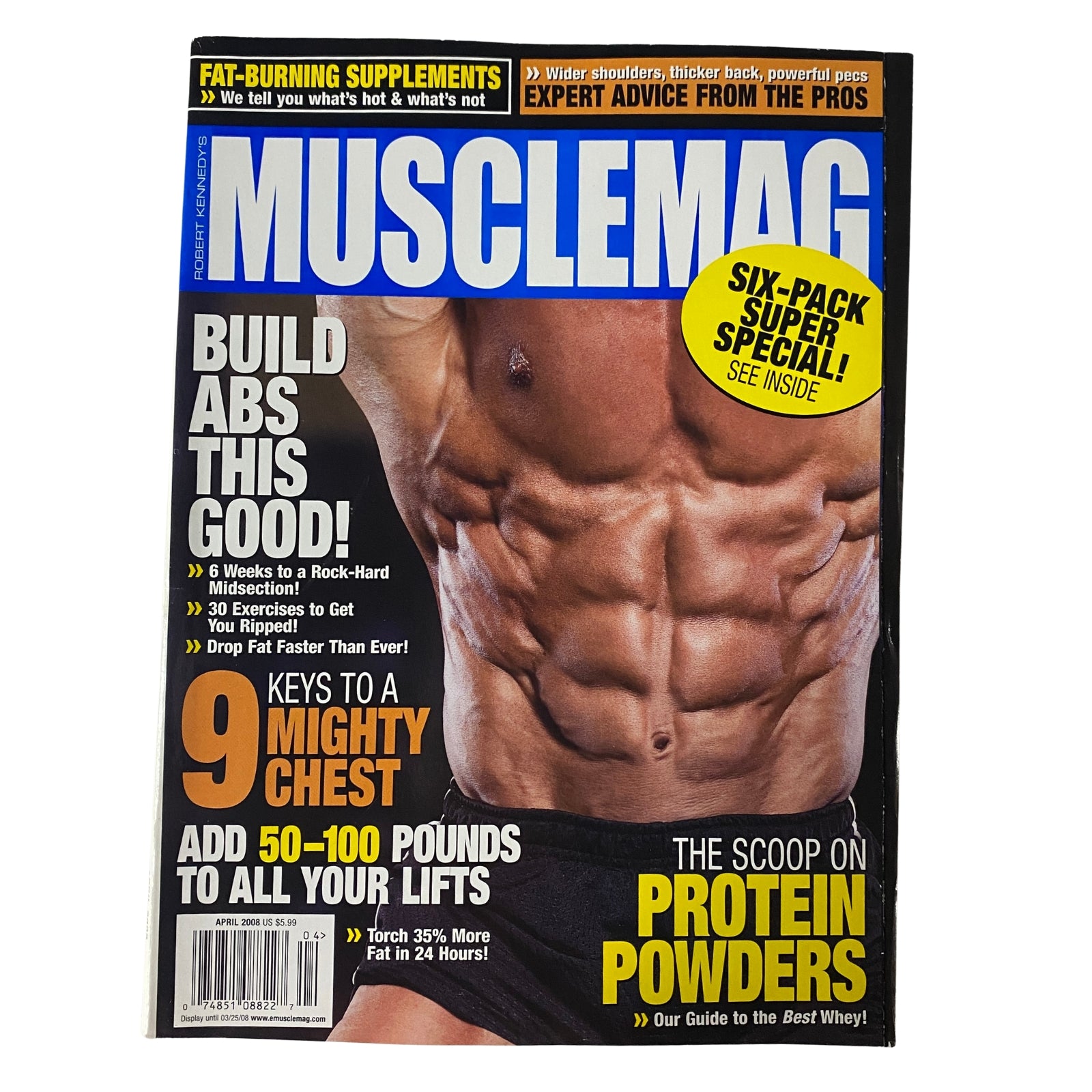 Cover of MuscleMag International Magazine April 2008, No. 311 featuring Peter Putnam, showcasing fitness advice and workout strategies, highlighting abdominal exercises and protein powder information. Ideal for bodybuilding enthusiasts.