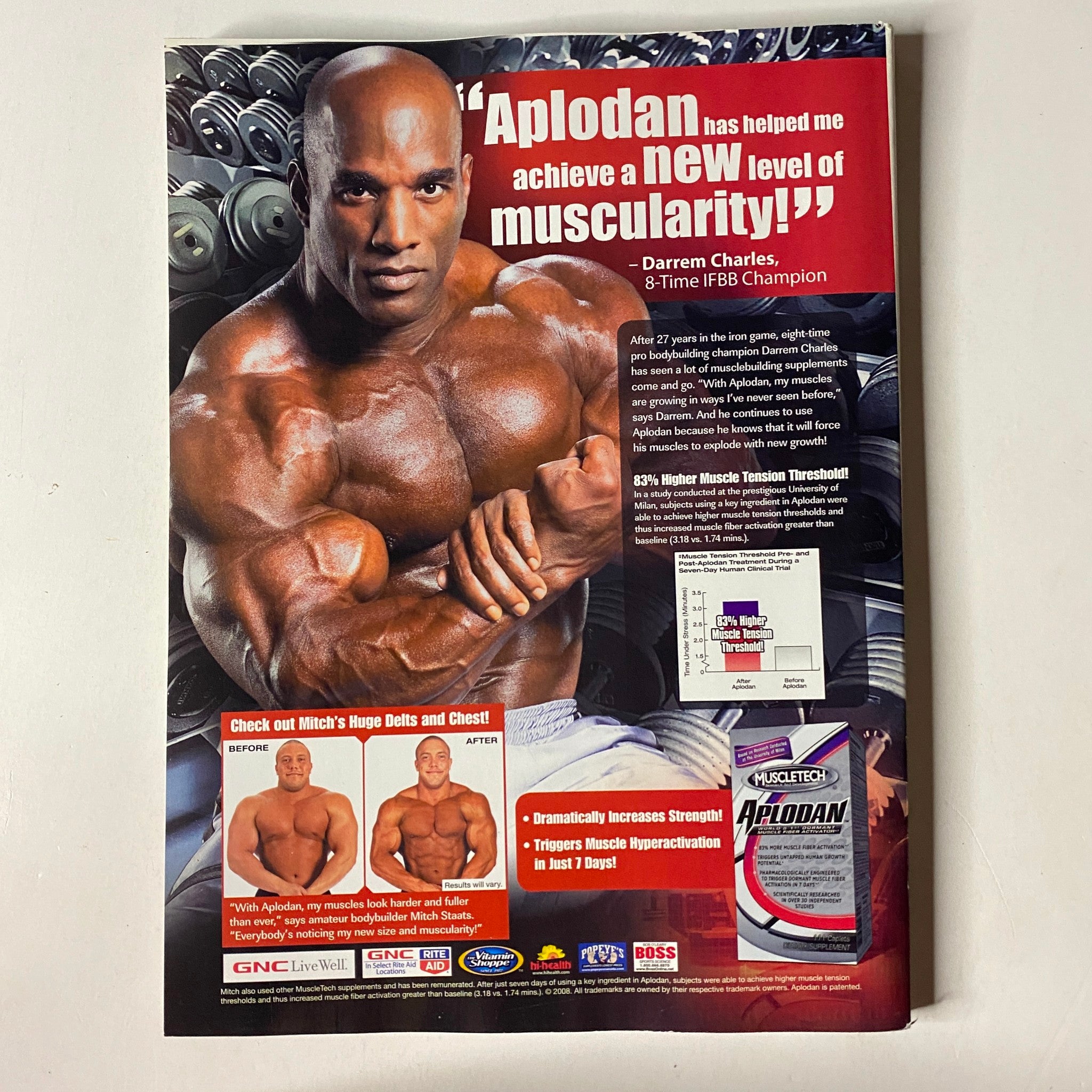 Promotional back cover of MuscleMag International Magazine April 2008 Issue #311, featuring a bodybuilder, Darren Charles, promoting Aplodan muscle enhancement product.