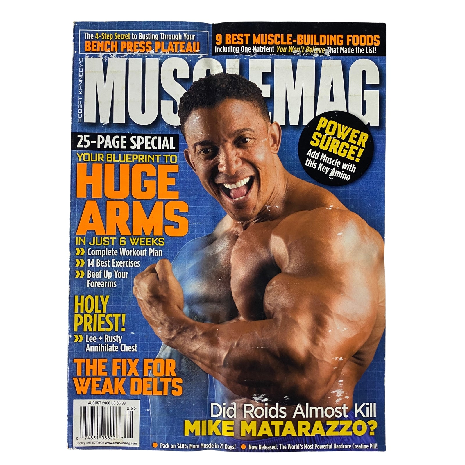 Cover of MuscleMag International Magazine August 2008, Issue No. 315 featuring a muscular model promoting a blueprint for huge arms and highlighting topics like bodybuilding tips and nutrition.