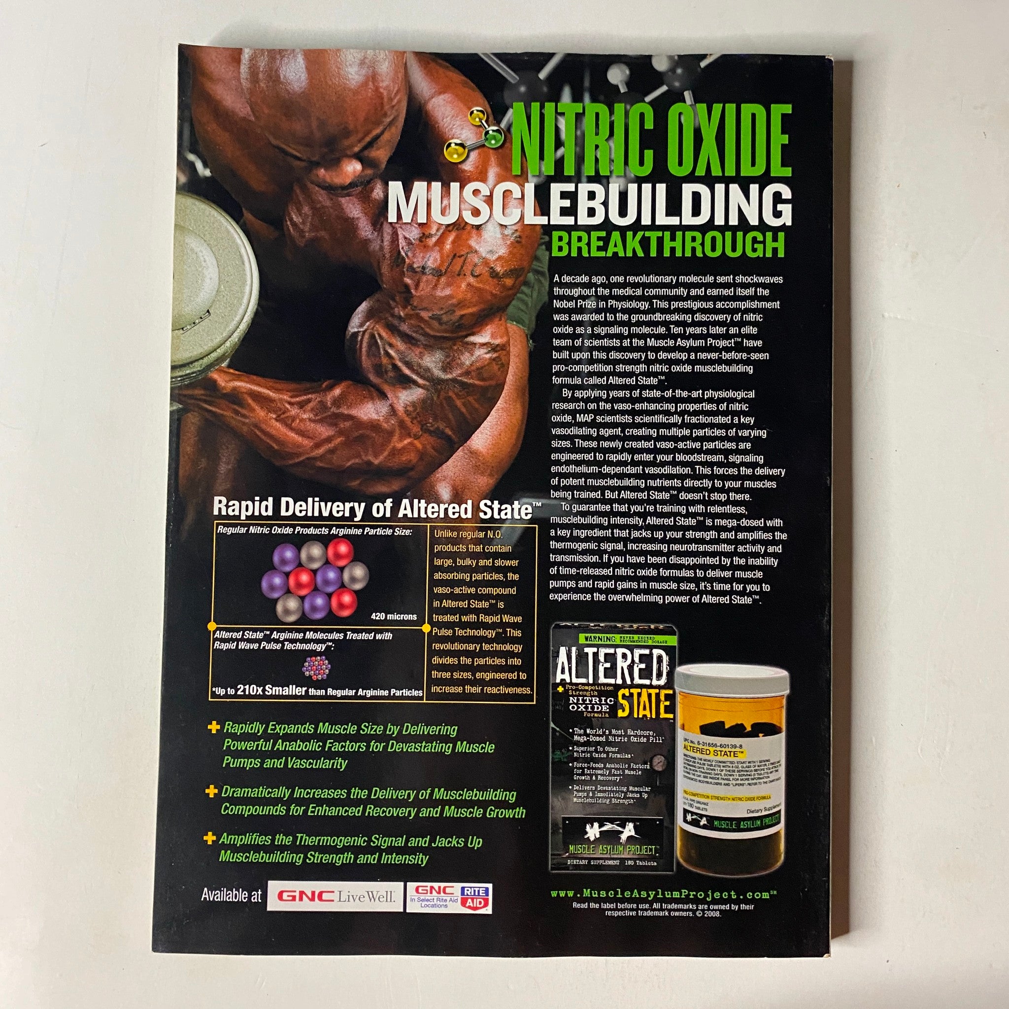 MuscleMag International Magazine August 2008 #315 back cover advertising nitric oxide muscle building supplements with detailed product information.