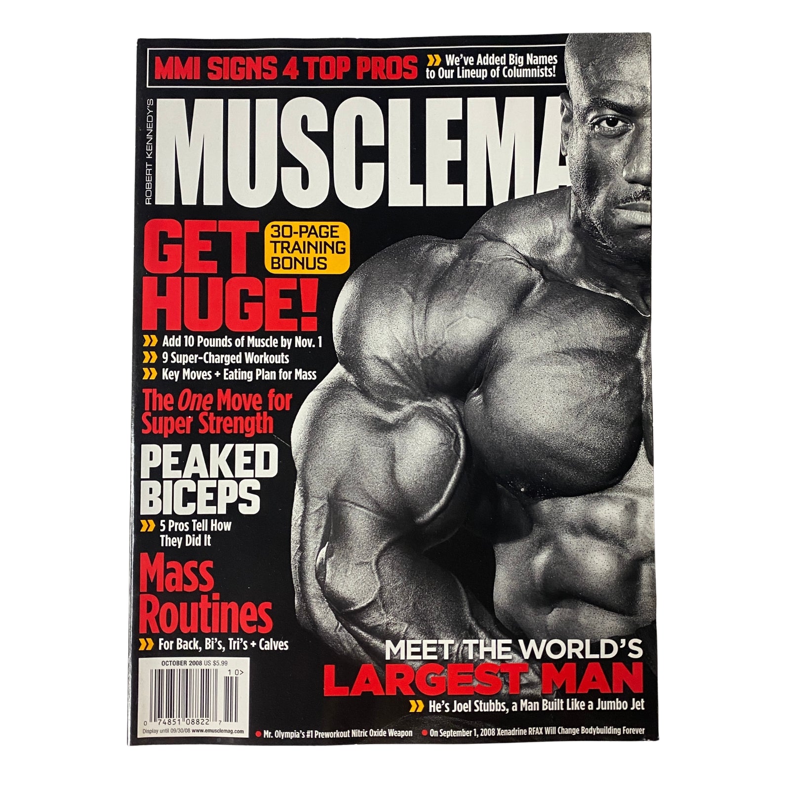 Cover of MuscleMag International Magazine October 2008 No. 317 featuring IFBB Pro Joel Stubbs, highlighting bodybuilding culture, fitness advice, and training strategies.