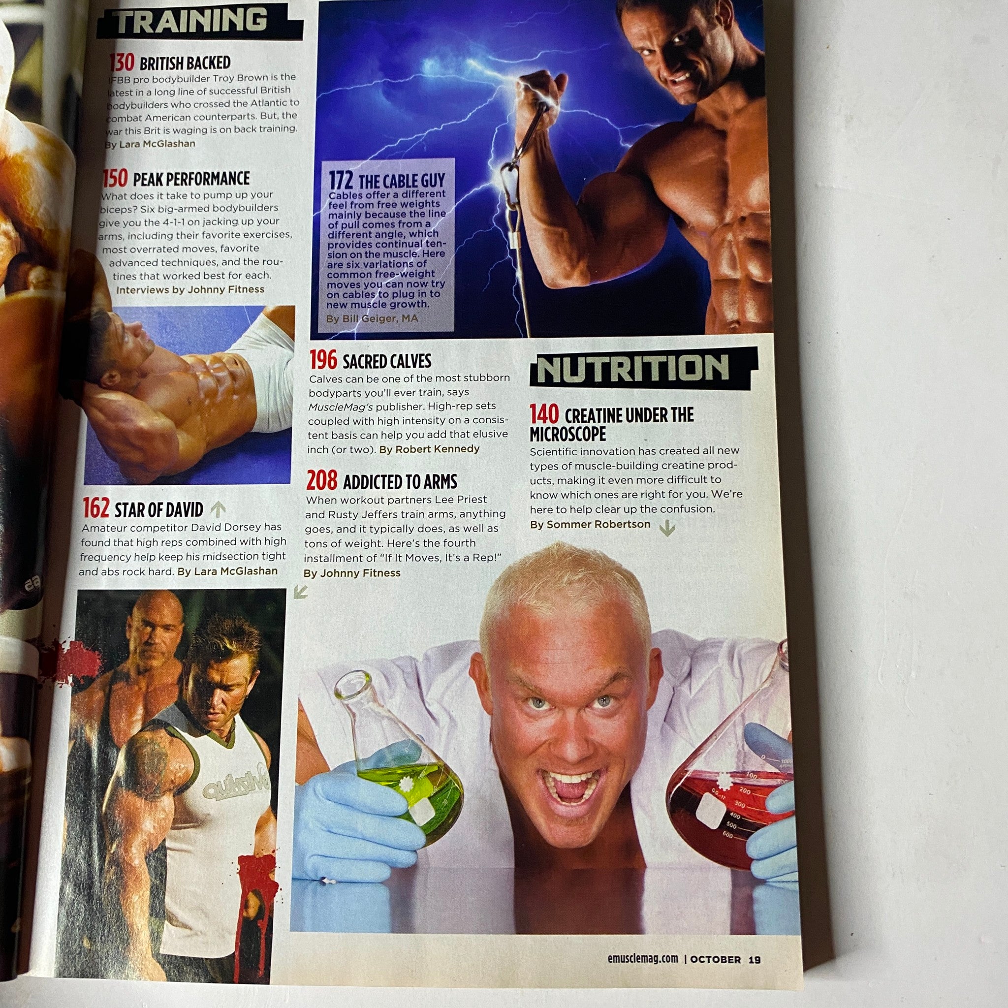 Spread from MuscleMag International Magazine October 2008 No. 317 featuring training tips and a nutrition section, showcasing a bodybuilding workout for fitness enthusiasts.