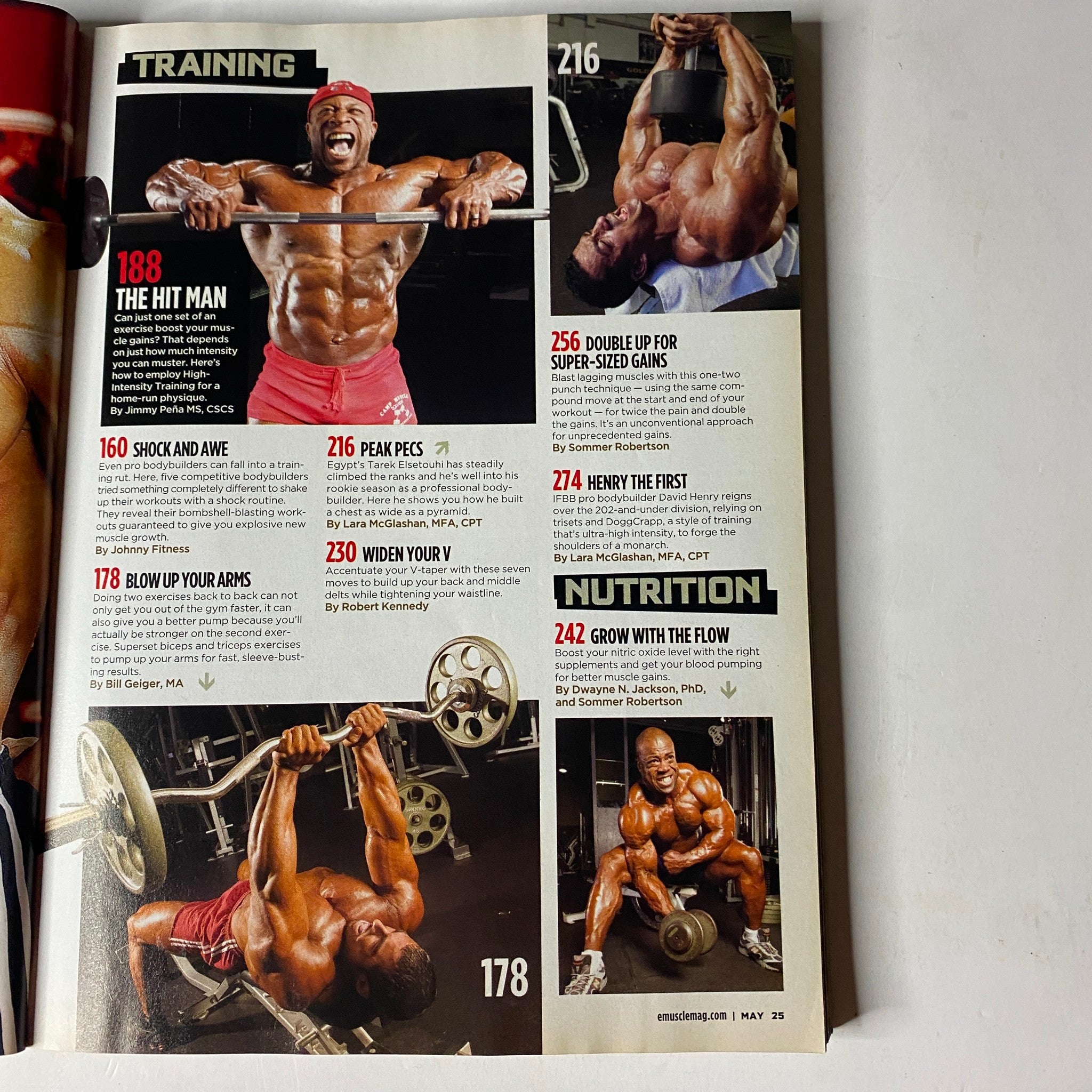 Page from MuscleMag International Magazine May 2009 #324 featuring training tips including exercises for peak pecs and proper arm workouts by fitness experts. Vintage bodybuilding magazine.
