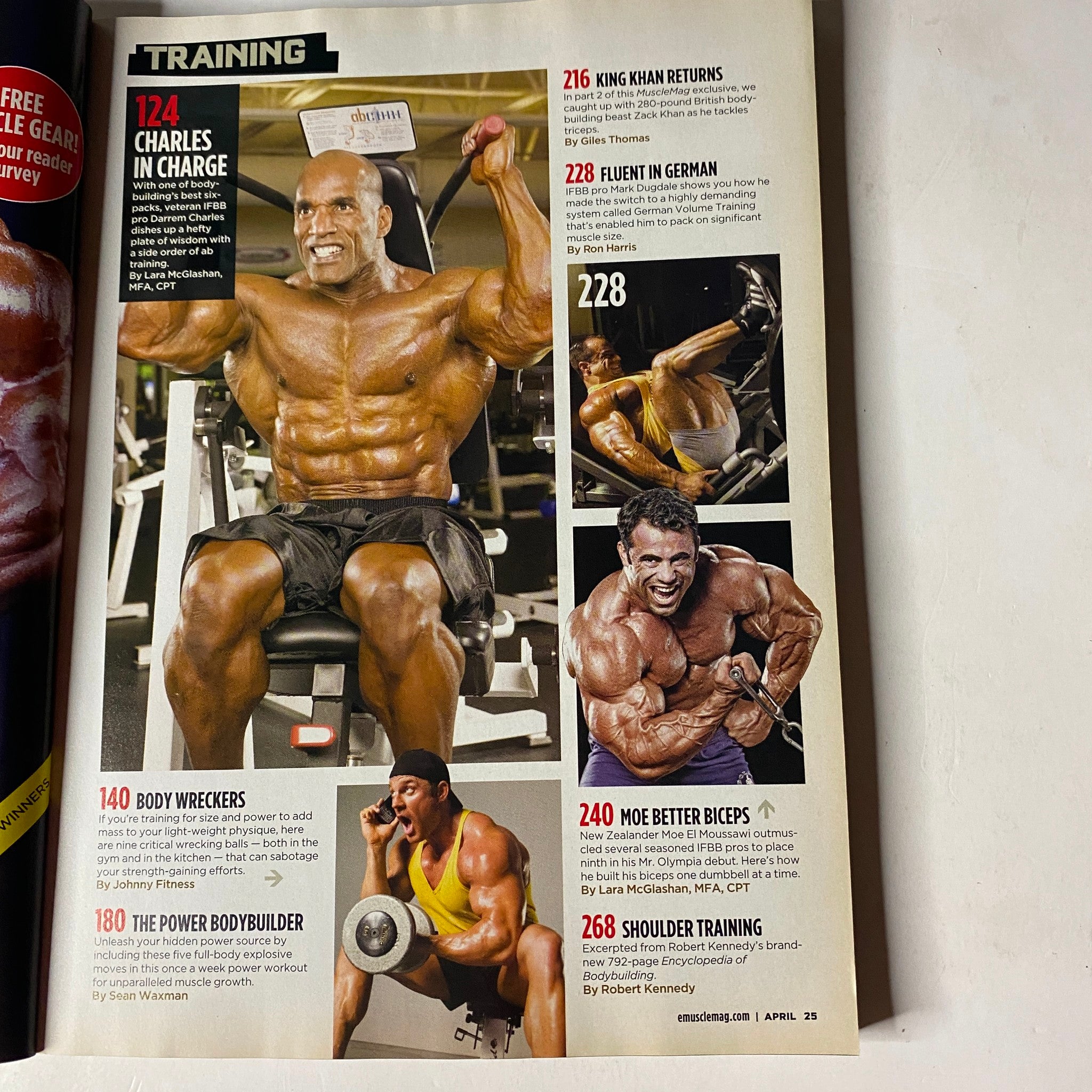 Inside page of MuscleMag International Magazine April 2009, No. 323 highlighting training section with a feature on Darrem Charles and various workout routines.