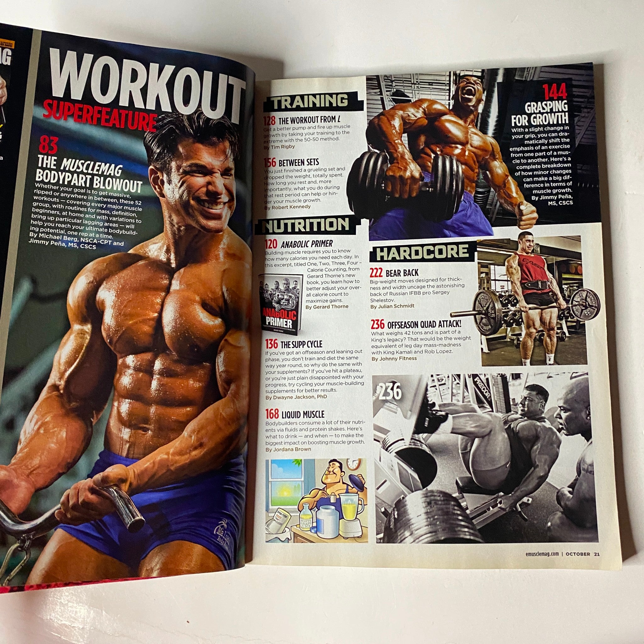Inside spread of MuscleMag International Magazine October 2009 #329 highlighting training sections, nutrition advice, and workout features.