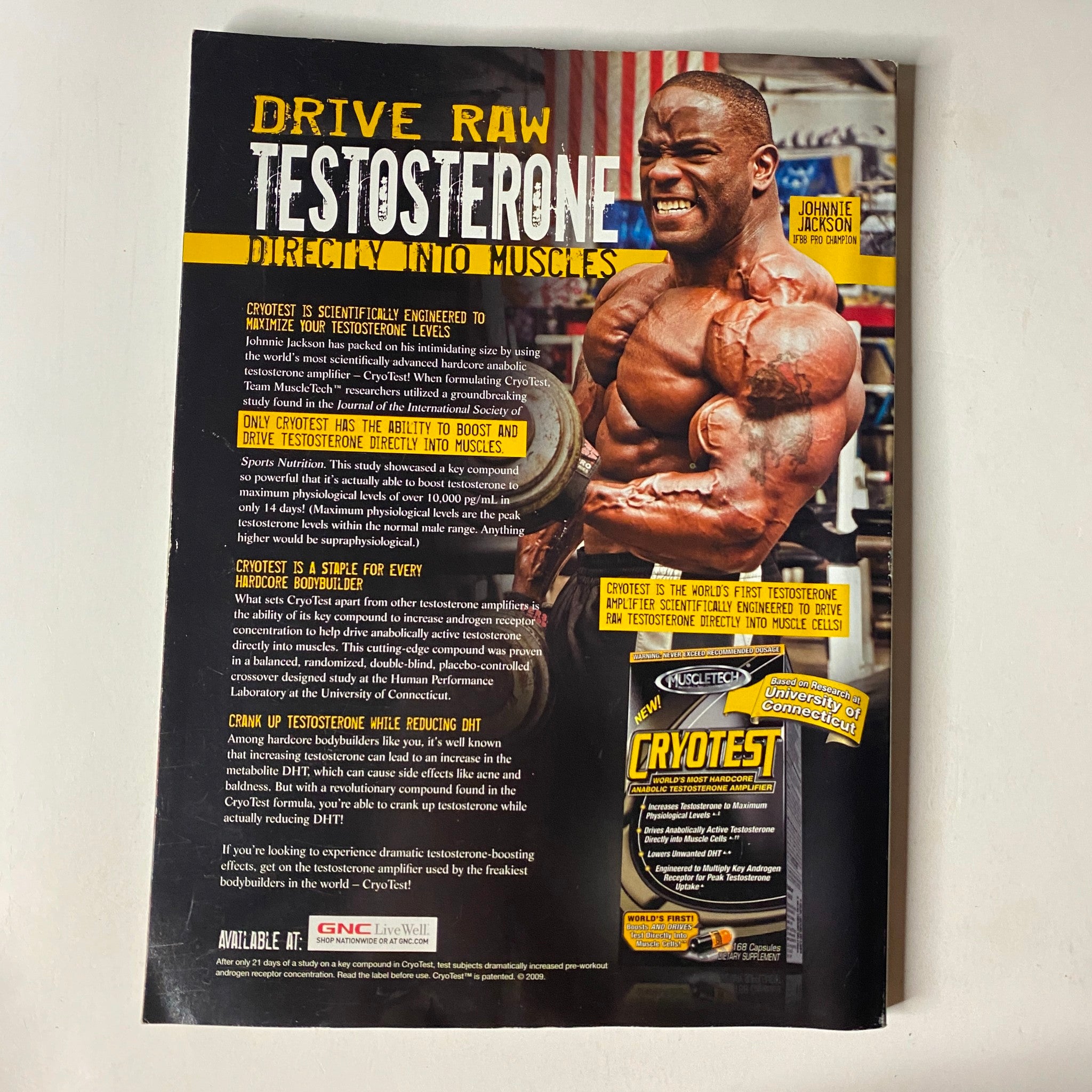 MuscleMag International Magazine October 2009 feature featuring Eduardo Correa promoting testosterone enhancement with Cryotest. Advert showcasing bodybuilding products and tips for muscle growth.