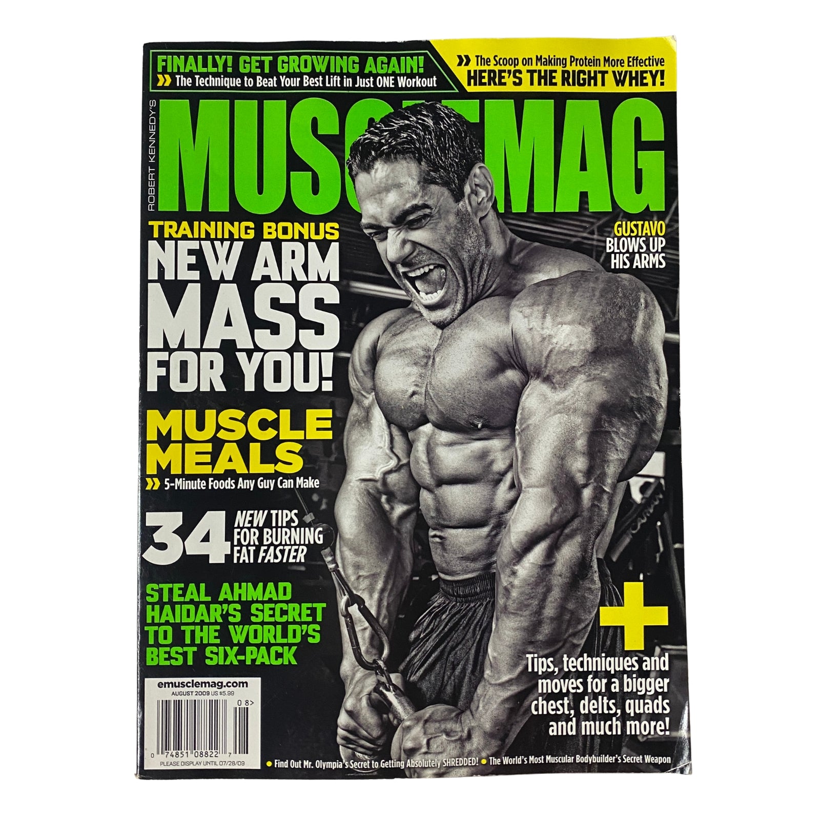 MuscleMag International Magazine August 2009 No. 327 featuring Gustavo Badell on the cover, showcasing bodybuilding techniques and nutrition tips.
